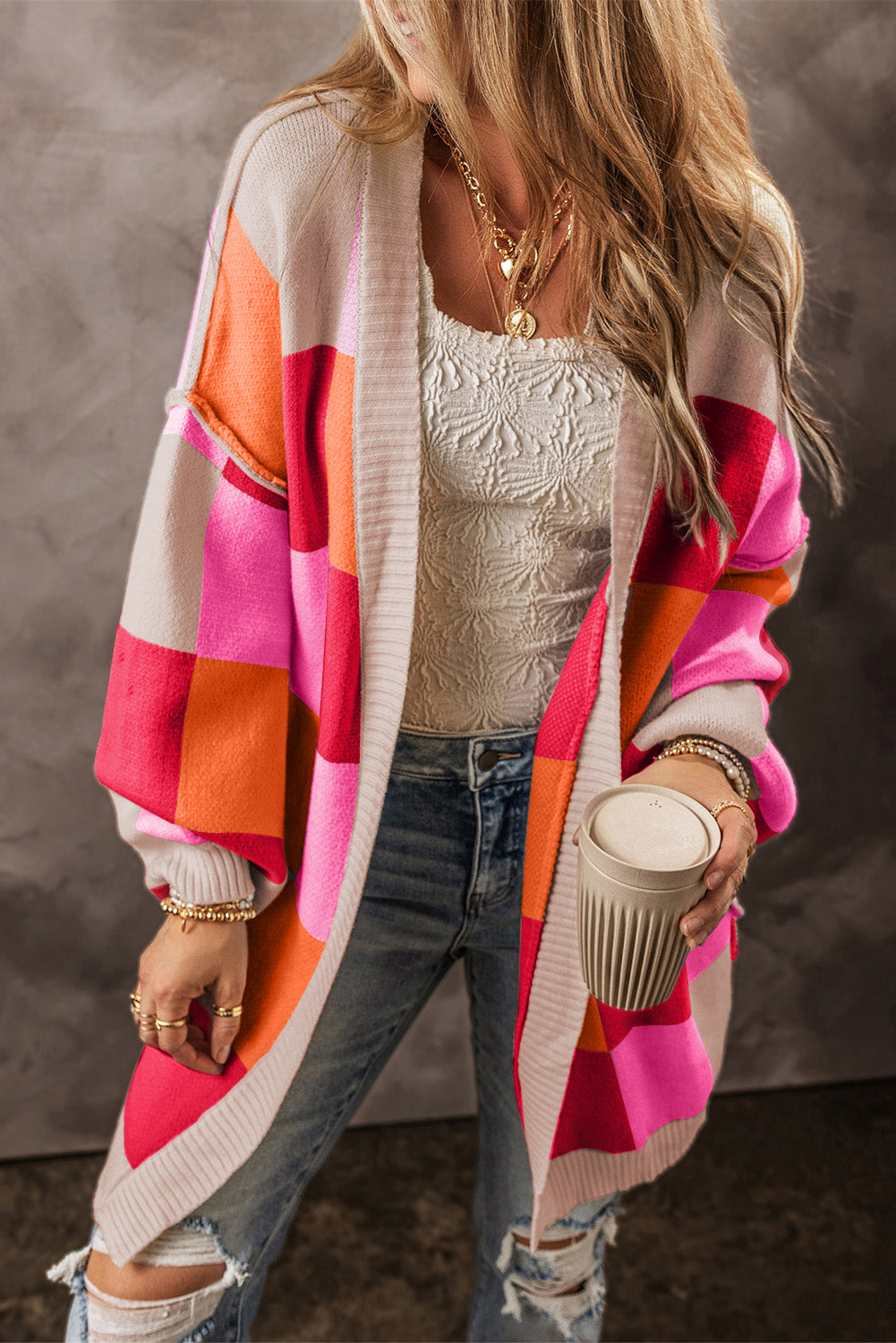 Red Light Checkered Drop Shoulder Exposed Seam Open Front Cardigan