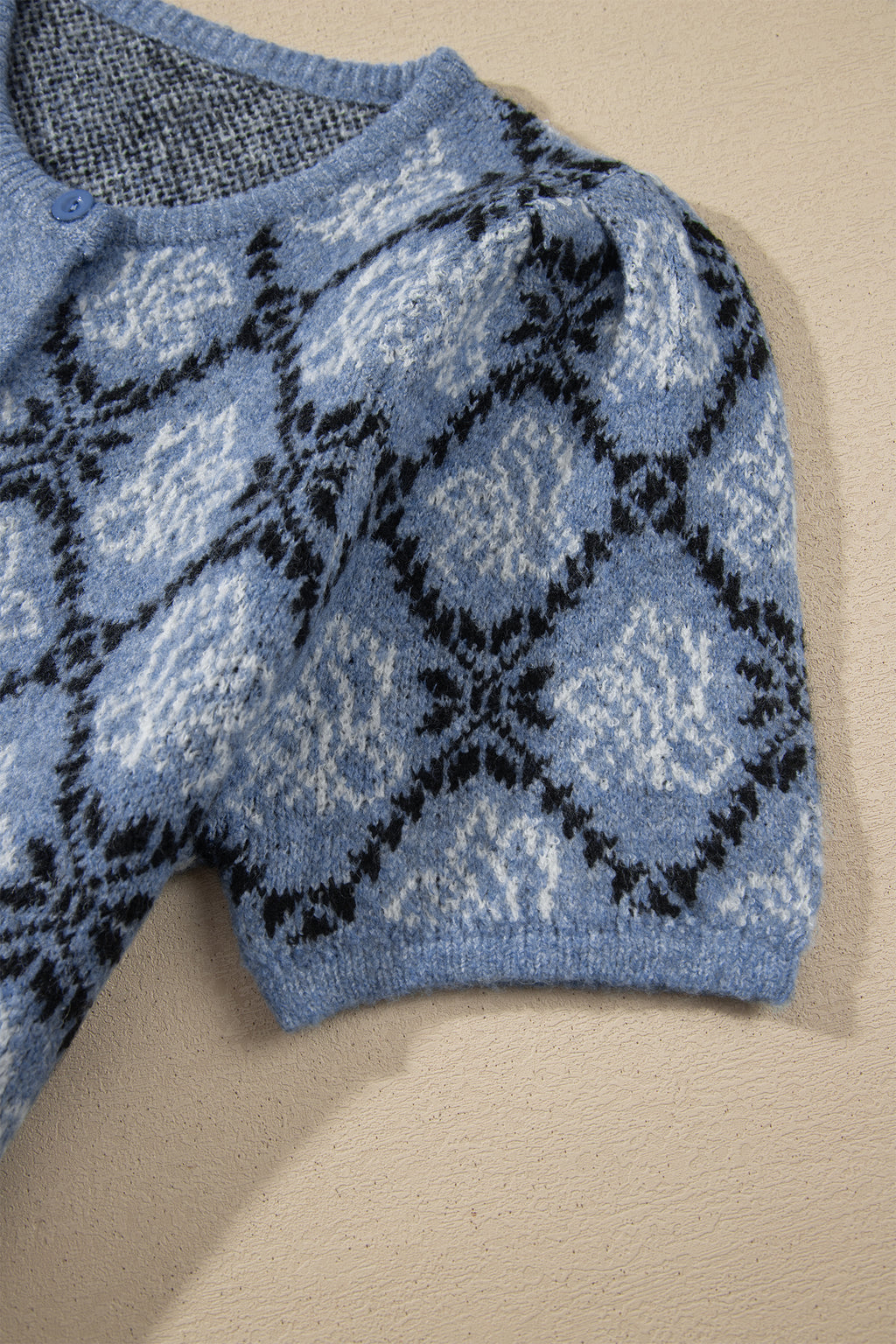 Dark Blue Short Sleeve Button Front Boho Knit Top Cardigan