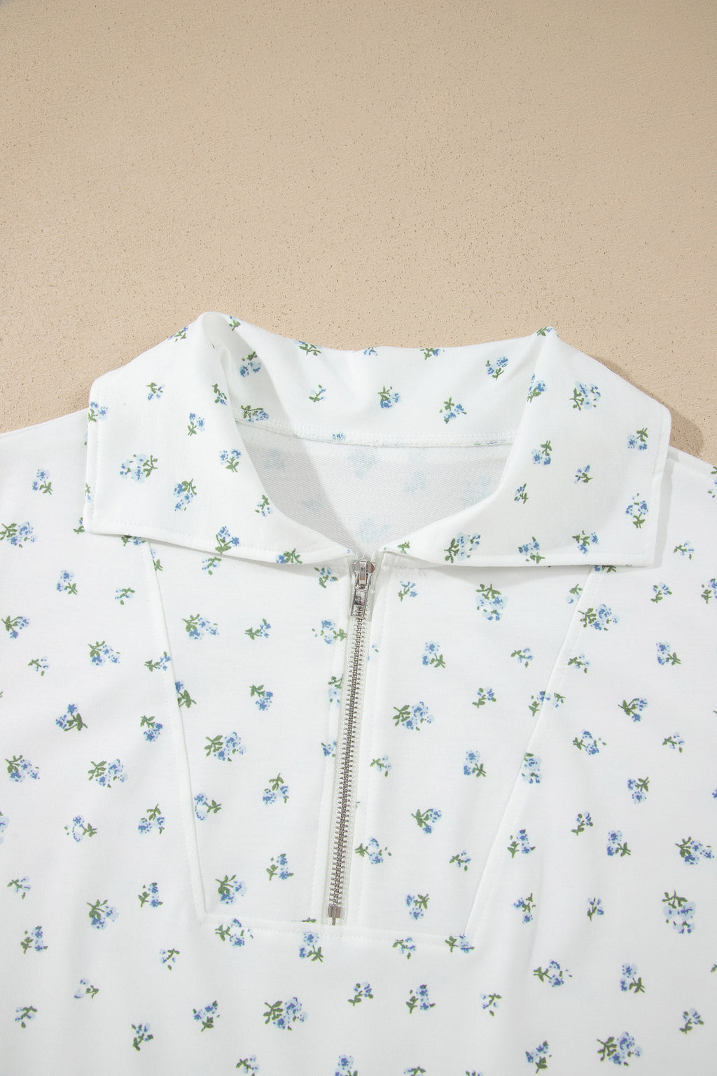 White Floral Print Half Zip Top Matching Short Set