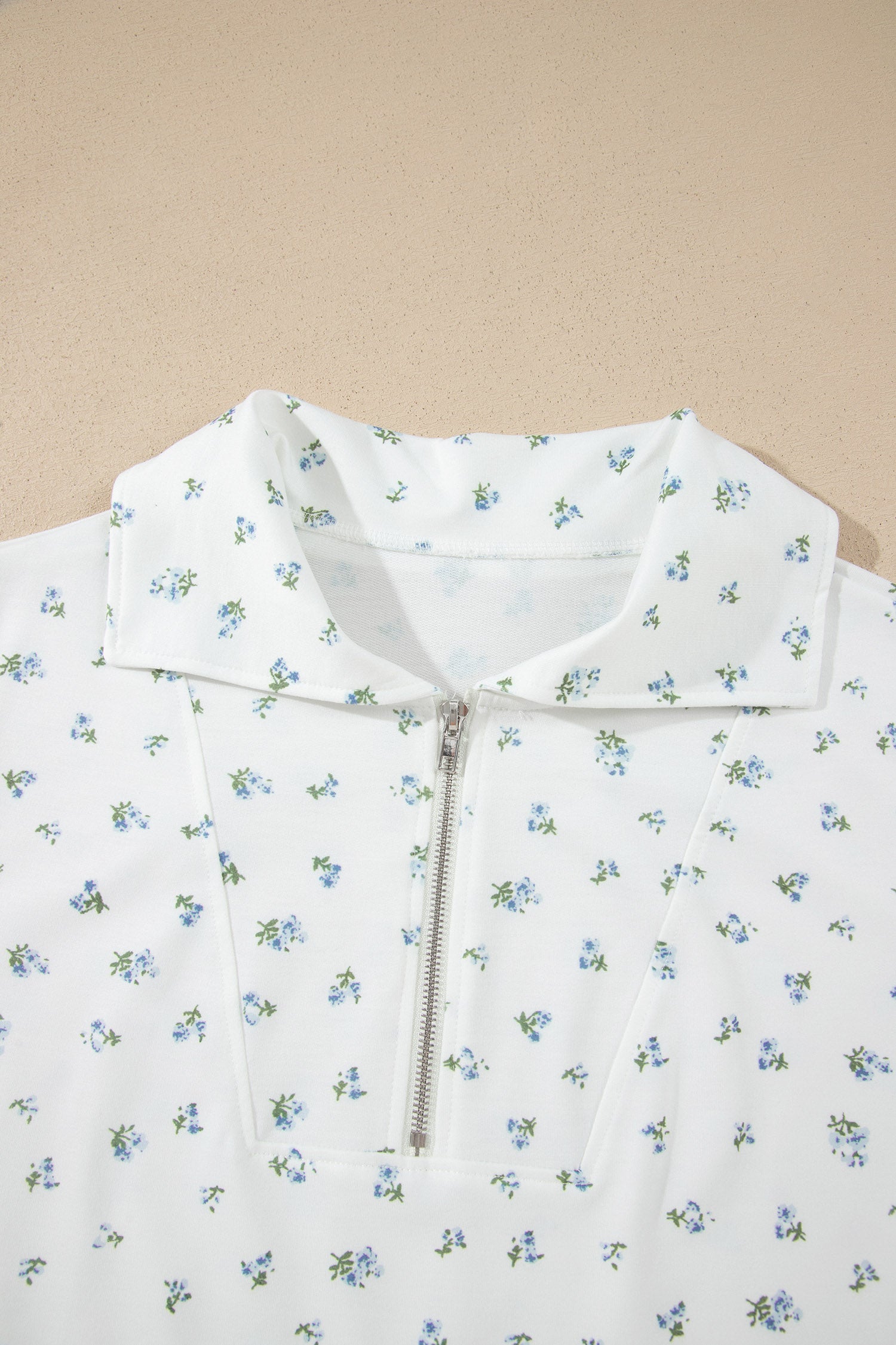 White Floral Print Half Zip Top Matching Short Set