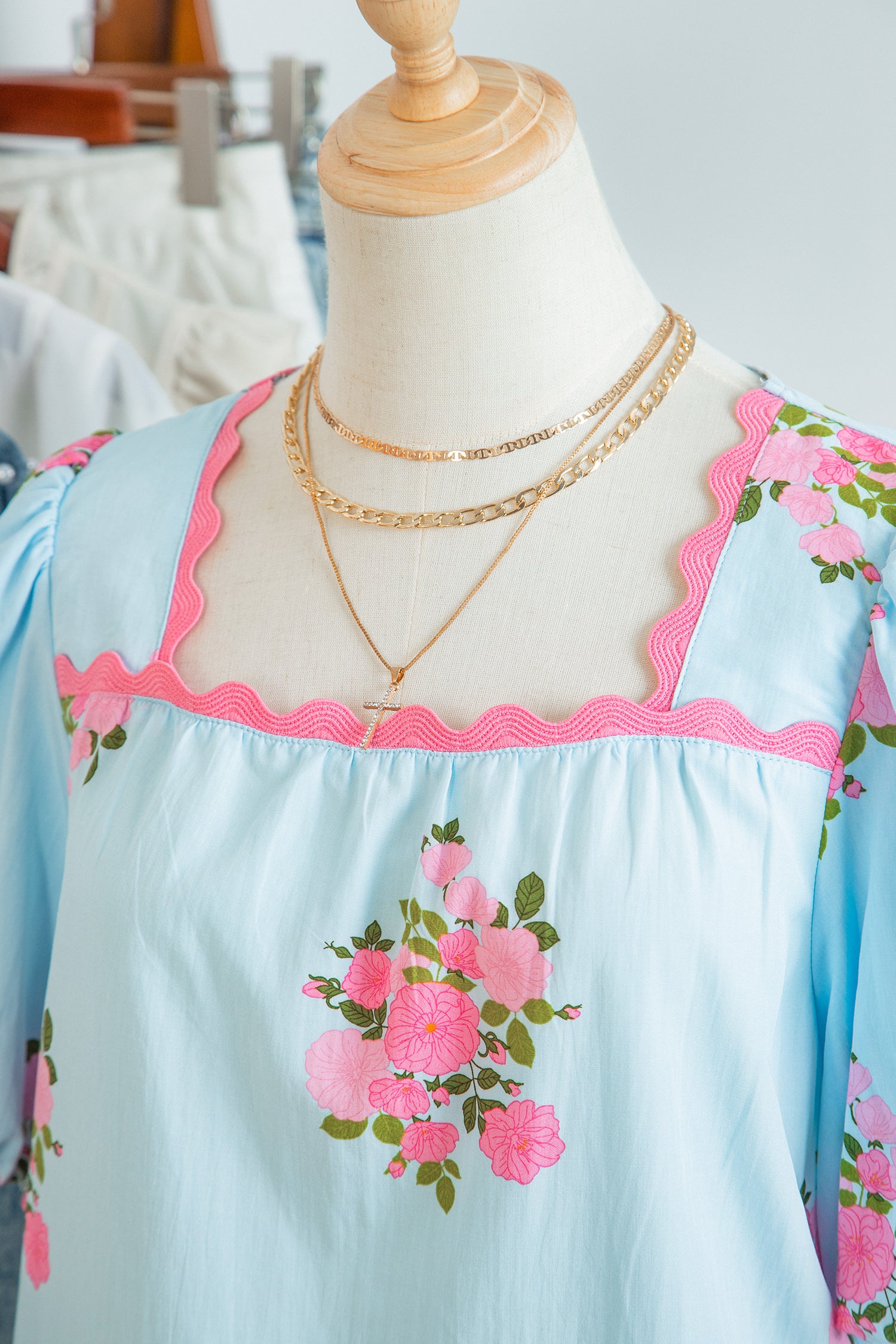 Sky Blue Floral Printed Contrast Ricrac Detail Bubble Sleeve Blouse