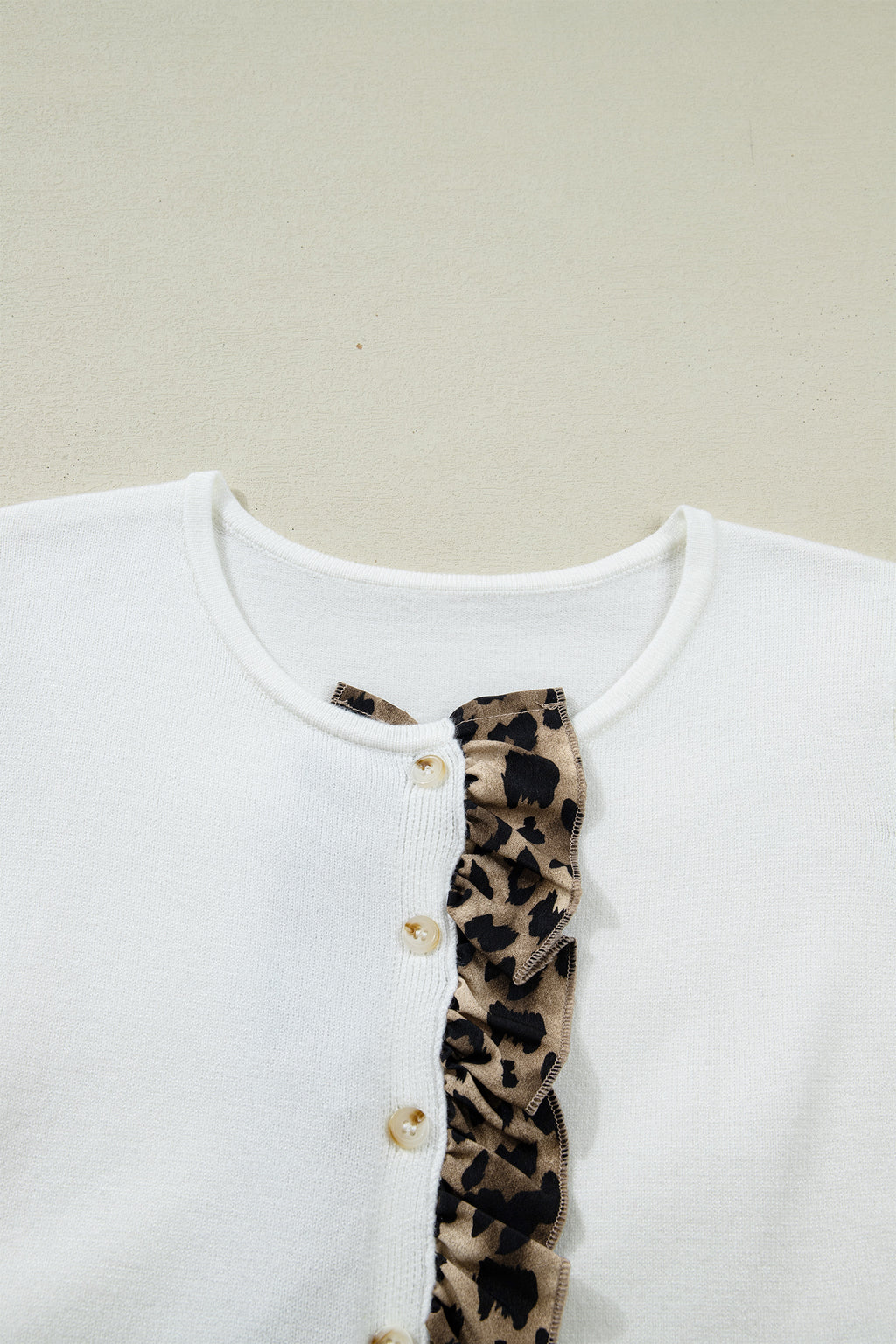 White Knitted Leopard Ruffle Patchwork Button Down Cropped Cardigan