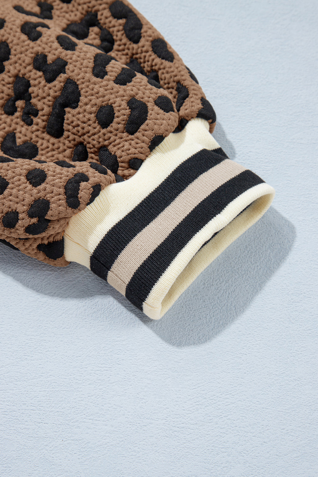 Brown Leopard Print Striped Trim Collar Long Sleeve Shift Pullover