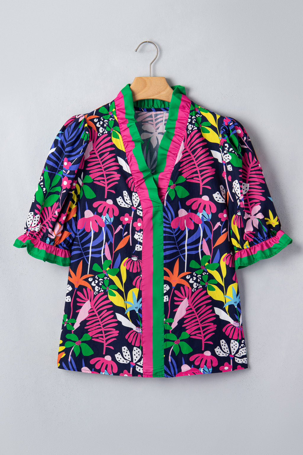 Rose Floral Print Frilled Contrast Striped Trim V Neck Short Sleeve Blouse