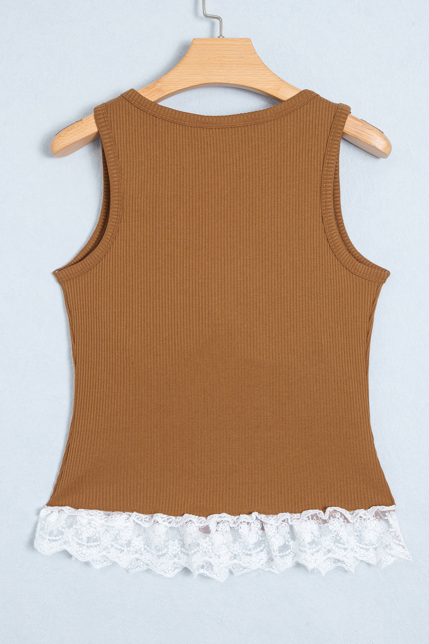 Beige Ribbed Knit Sweet Lace Hem Vest