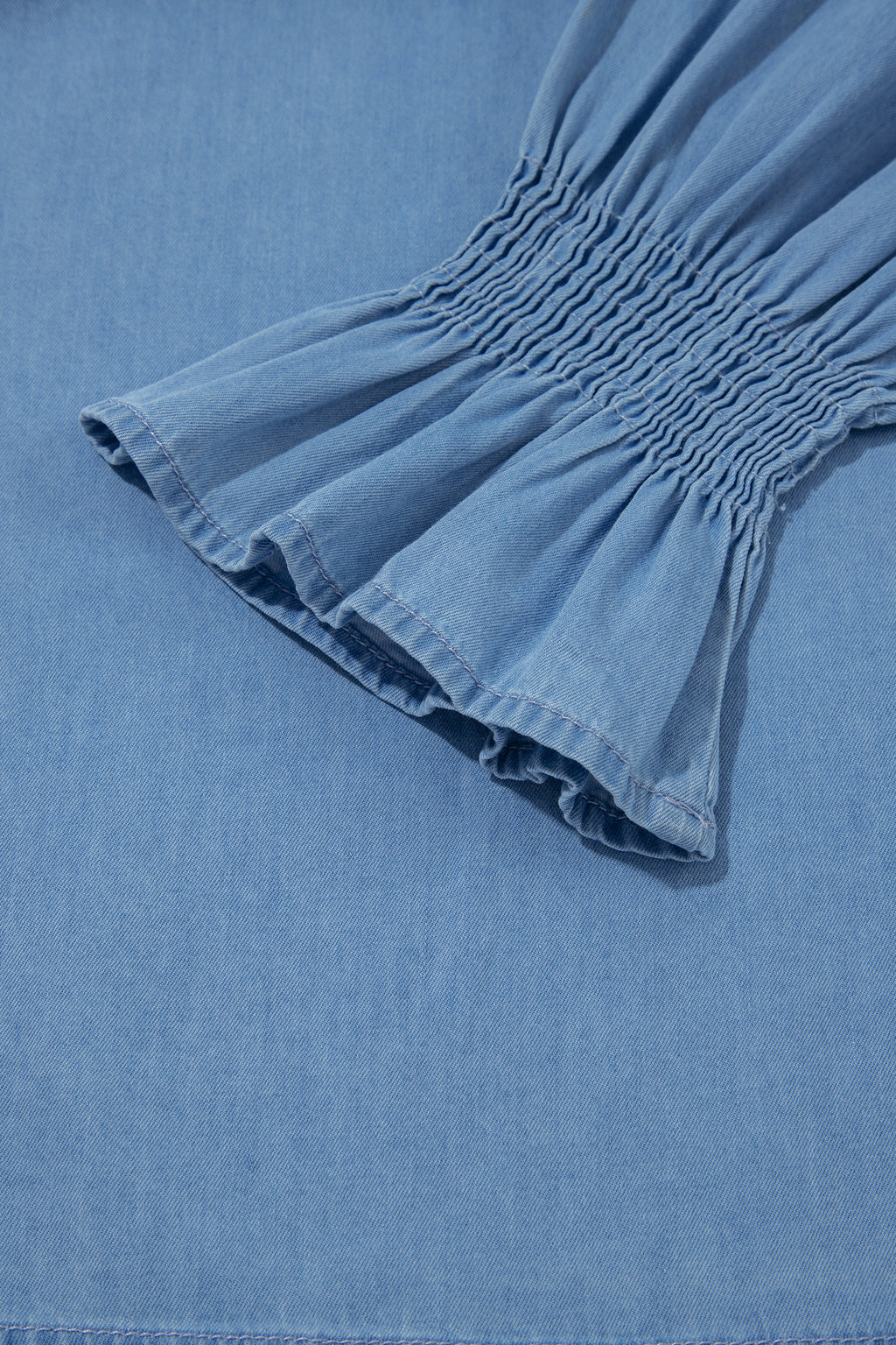 Beau Blue Western Ruffle V Neck Long Sleeve Chambray Blouse