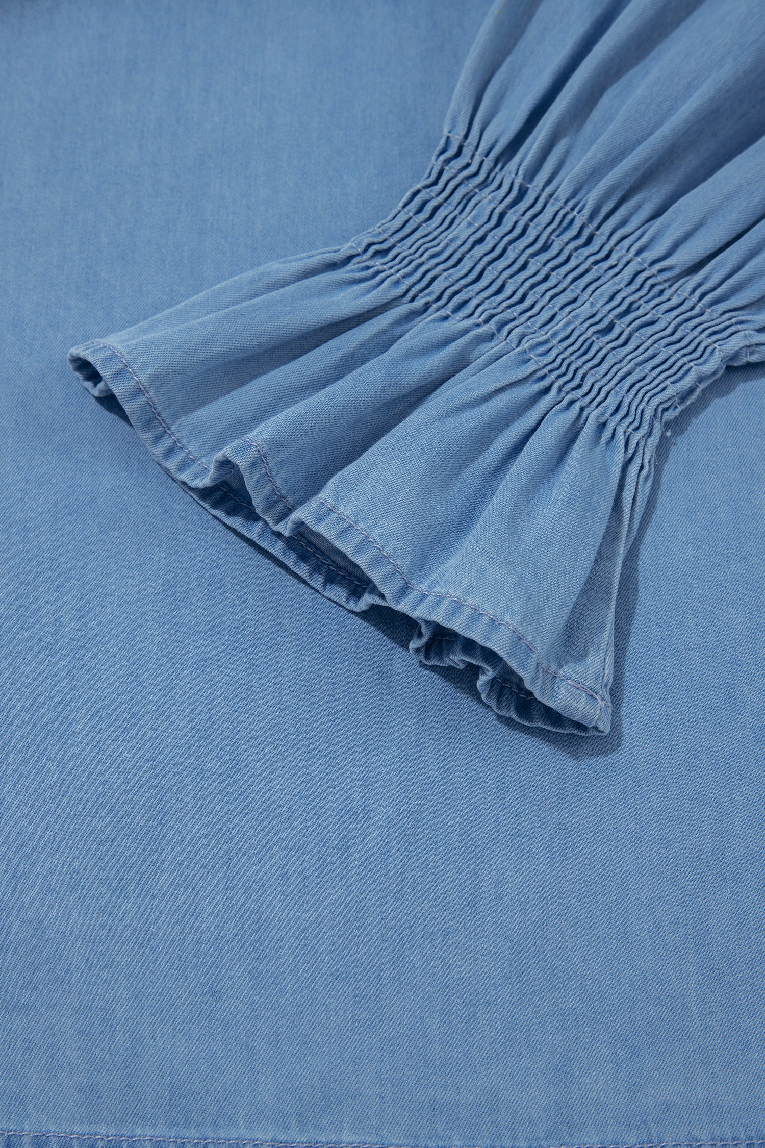 Beau Blue Western Ruffle V Neck Long Sleeve Chambray Blouse
