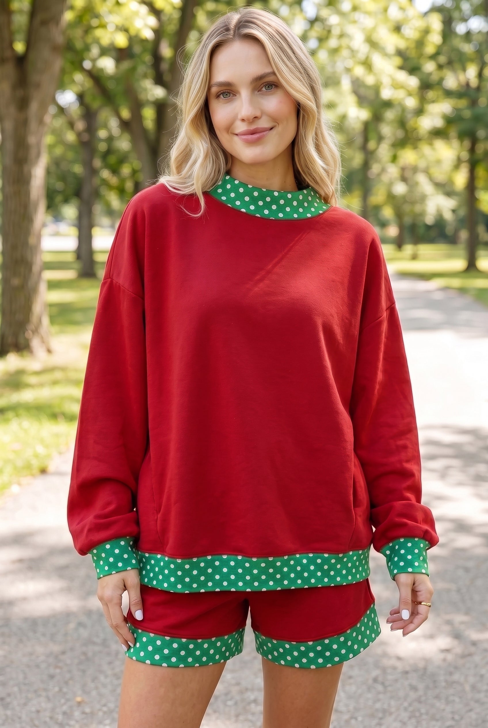 Fiery Red Gingham Trim Baggy Pullover 2pcs Short Set