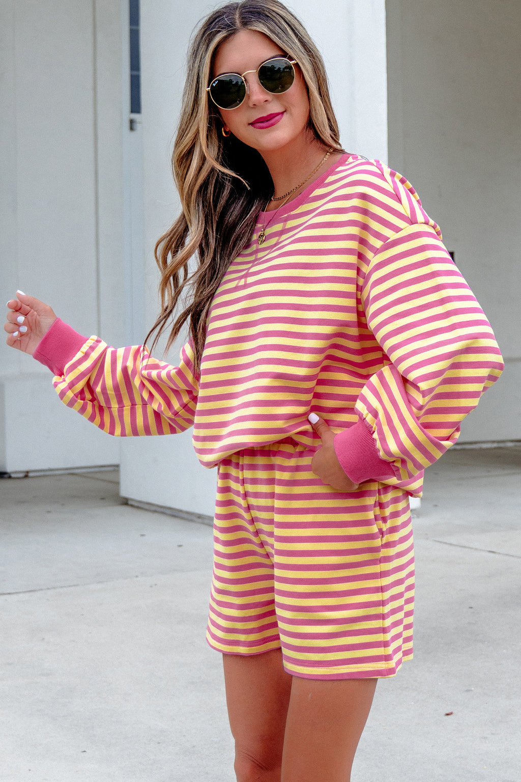 Yellow Stripe Color Block Trim Round Neck Long Sleeve Top Casual Shorts 2pcs Set