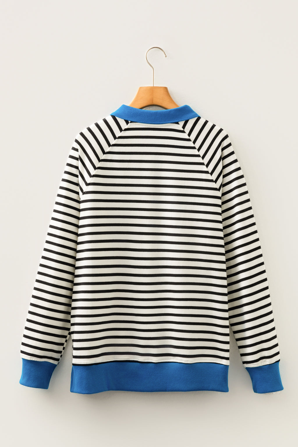 Black Stripe Color Block Patchwork Button Polo Collar Side Slit Sweatshirt