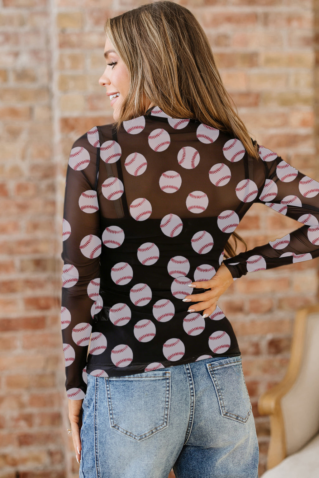 Brown Rugby Game Day Sheer Mesh Long Sleeve Top