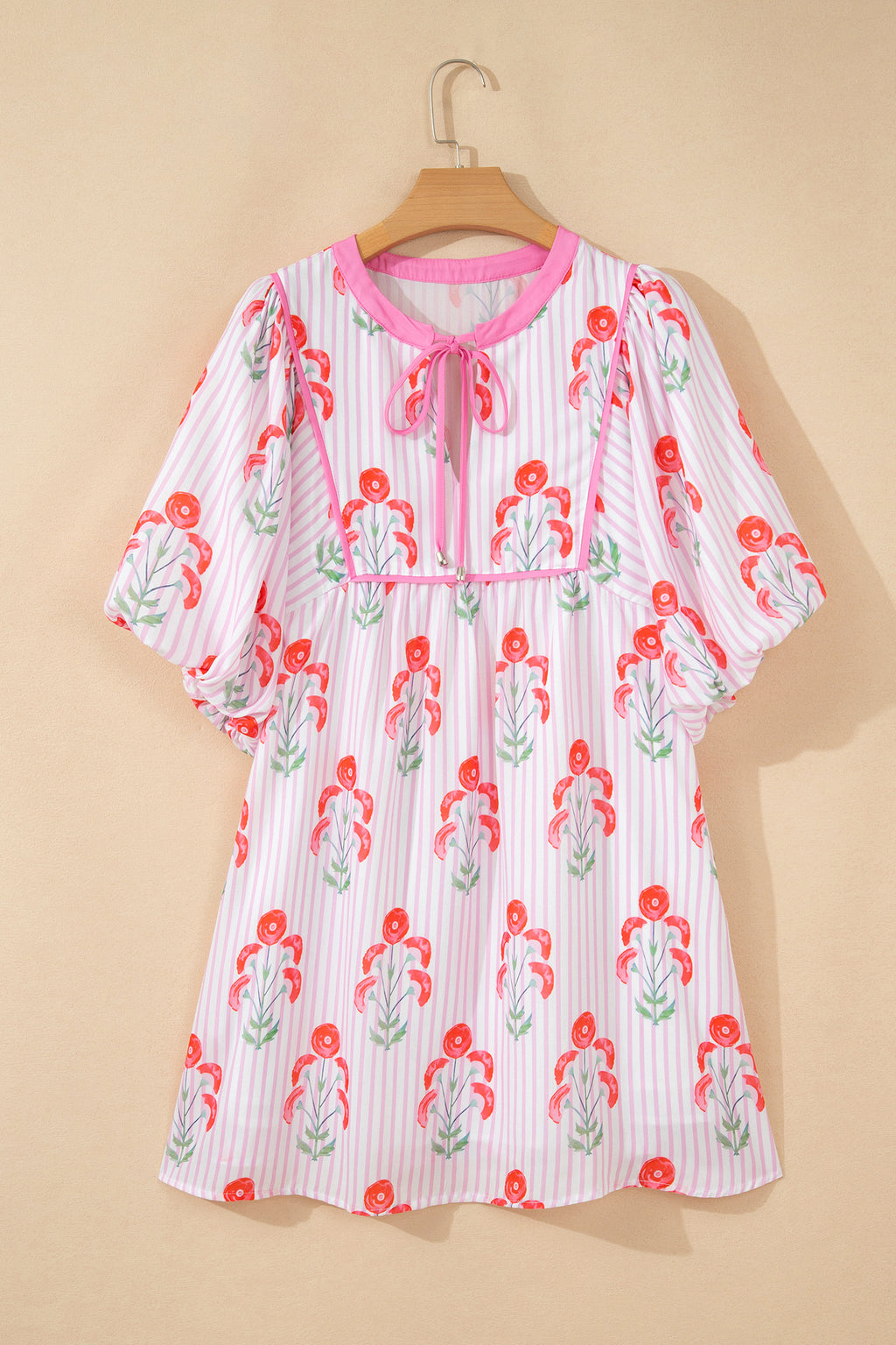 Pink Floral Striped Print Tie Notched Neck Puff Sleeve Flared Mini Dress