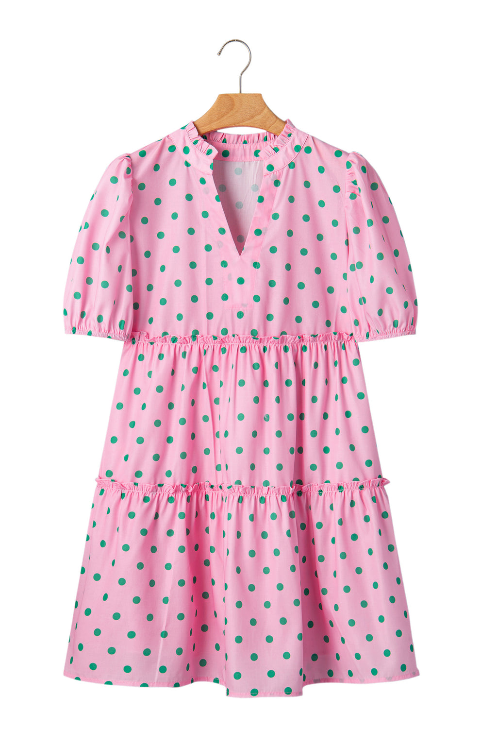 Pink Polka Dot Print V Neck Short Sleeve Tiered Mini Dress