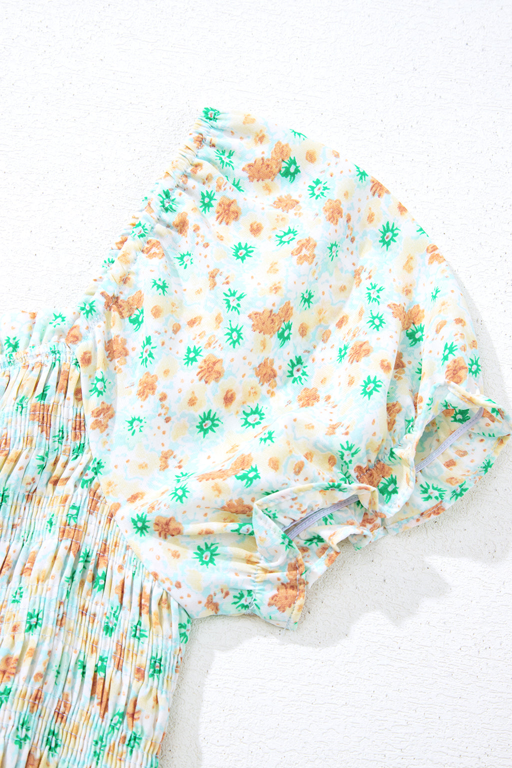 Green Floral Short Bubble Sleeve Shirred High Waist Maxi Dress