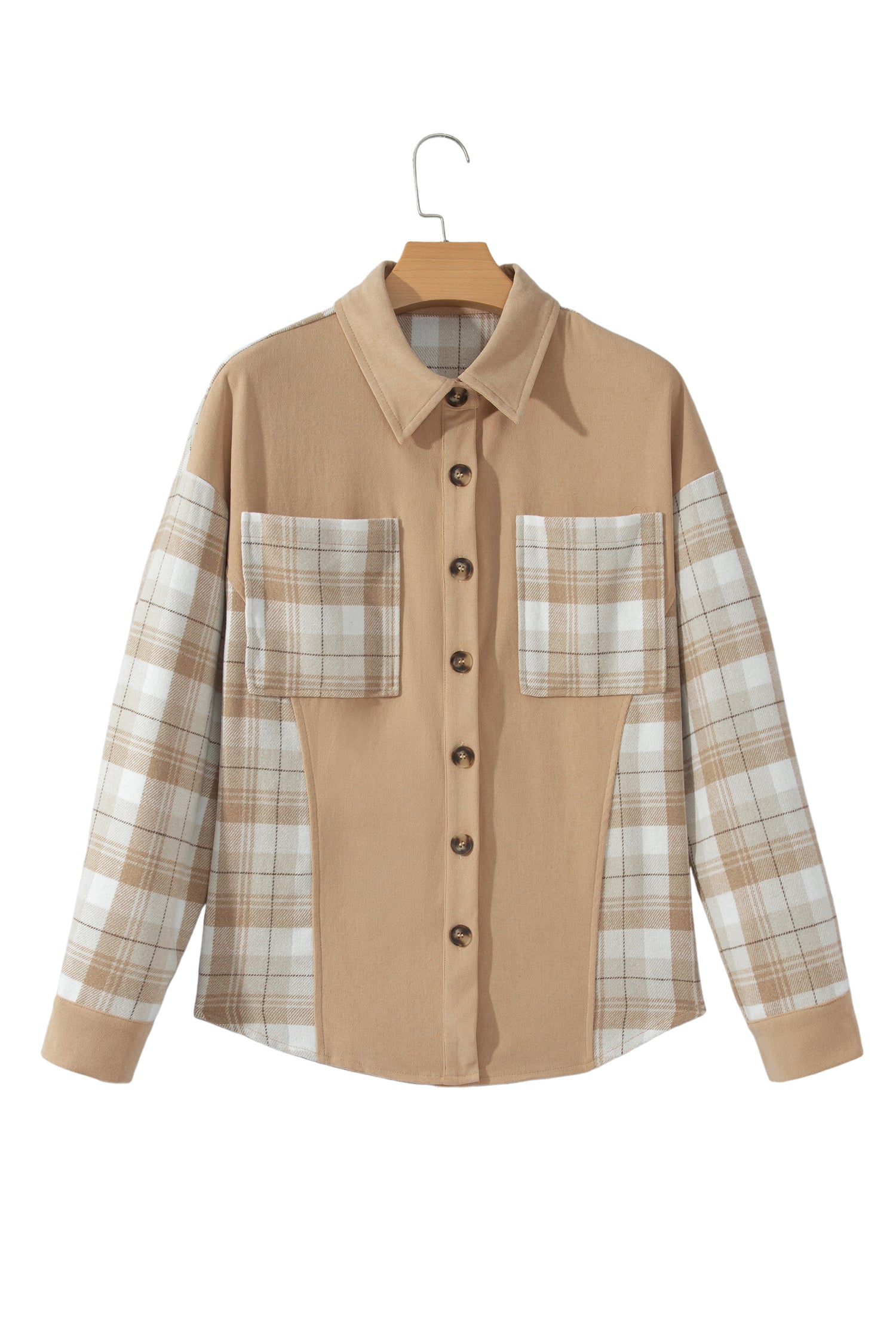 Light French Beige Plaid Colorblock Shirt Collar Shift Shacket