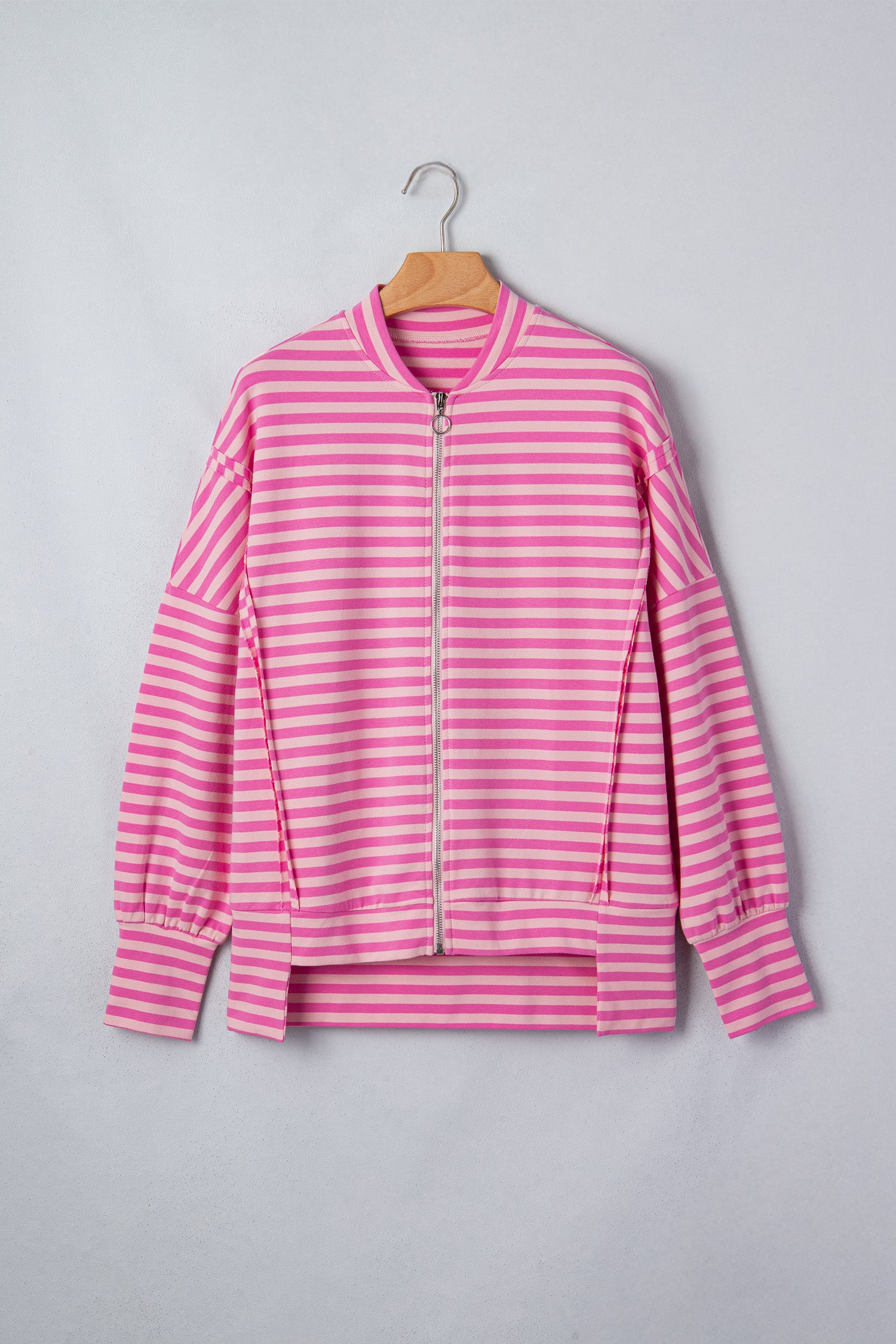 Pink Stripe Zip-up Puff Sleeve Zip Jacket Sweatshirt