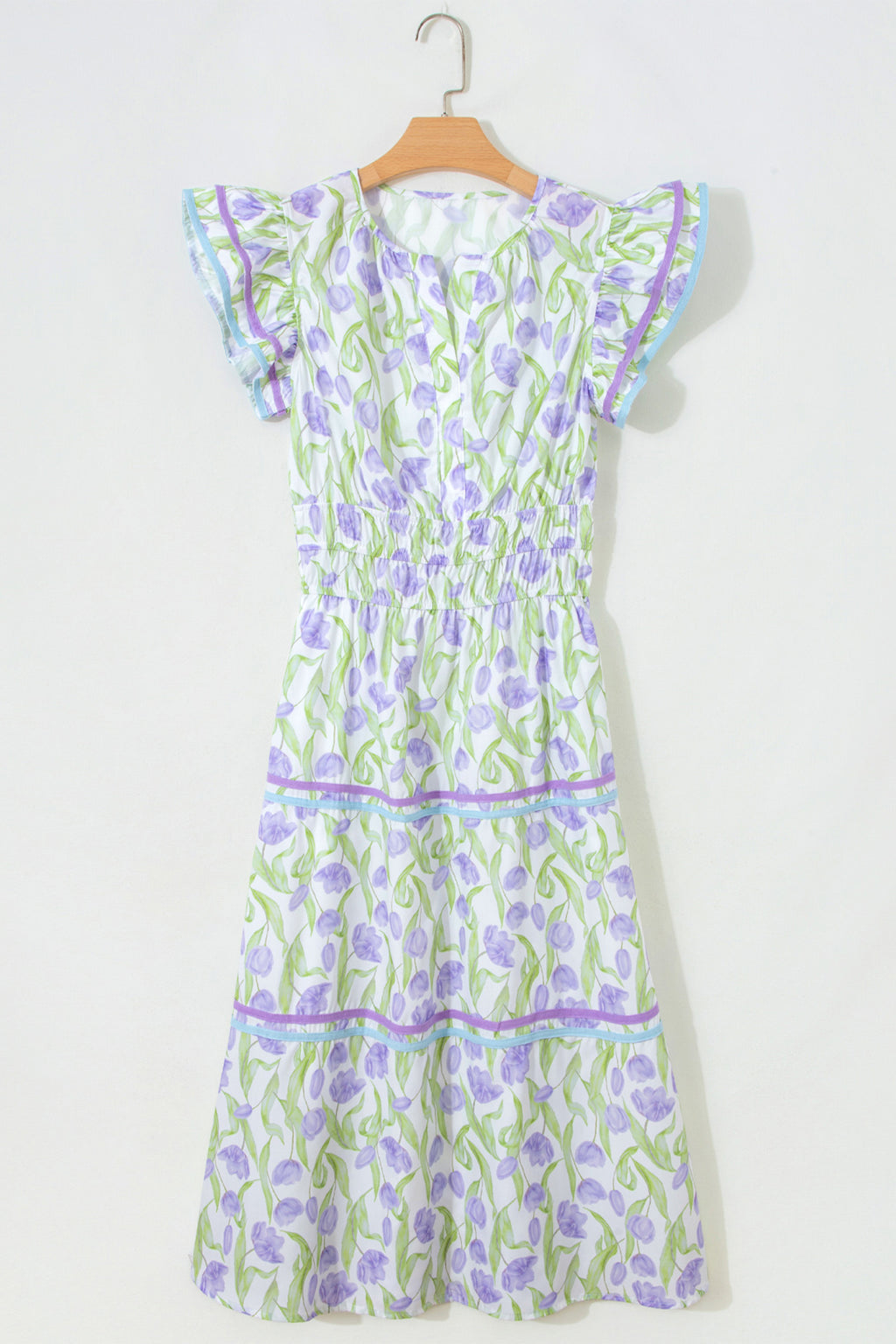 Purple Tulip Floral Print Contrast Trim Midi Dress