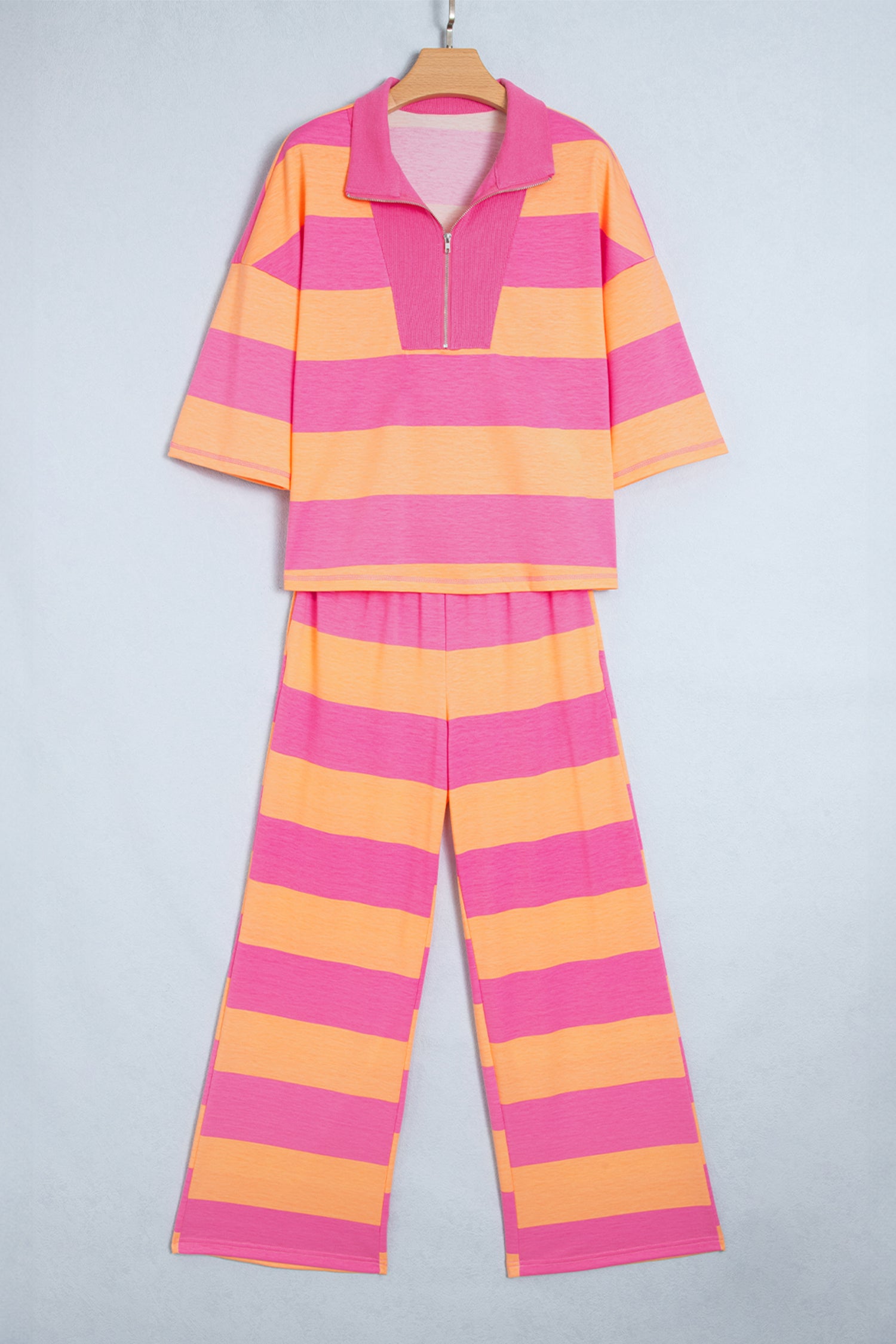 Orange Stripe Colorblock Half Sleeve Top Casual Loose Pants 2pcs Set