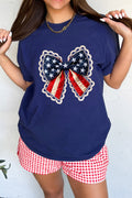 Blue Faux Patchwork Patriotic Bow Graphic Tee