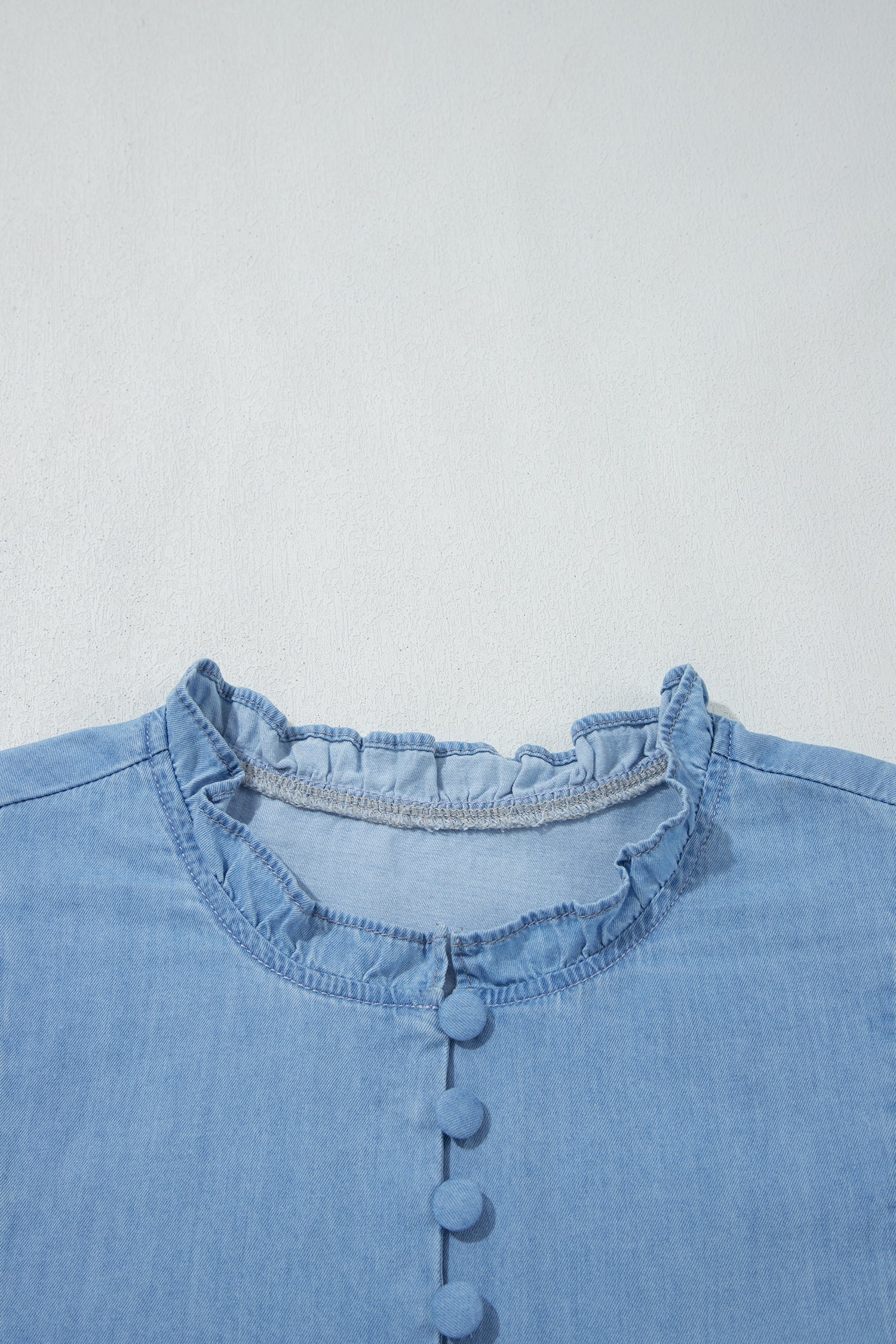 Beau Blue Western Ruffle V Neck Long Sleeve Chambray Blouse