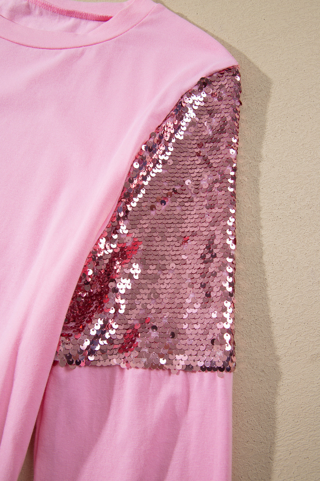 Pink Long Sleeve Sequin Round Neck Pullover Top