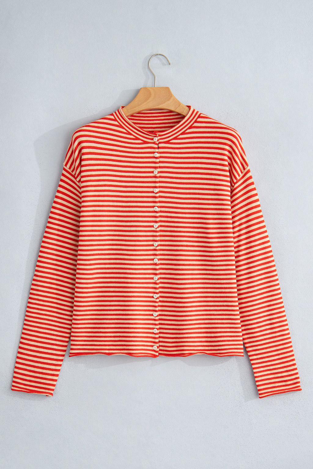 Red Stripe Striped Button Collar Long Sleeve Knit Cardigan