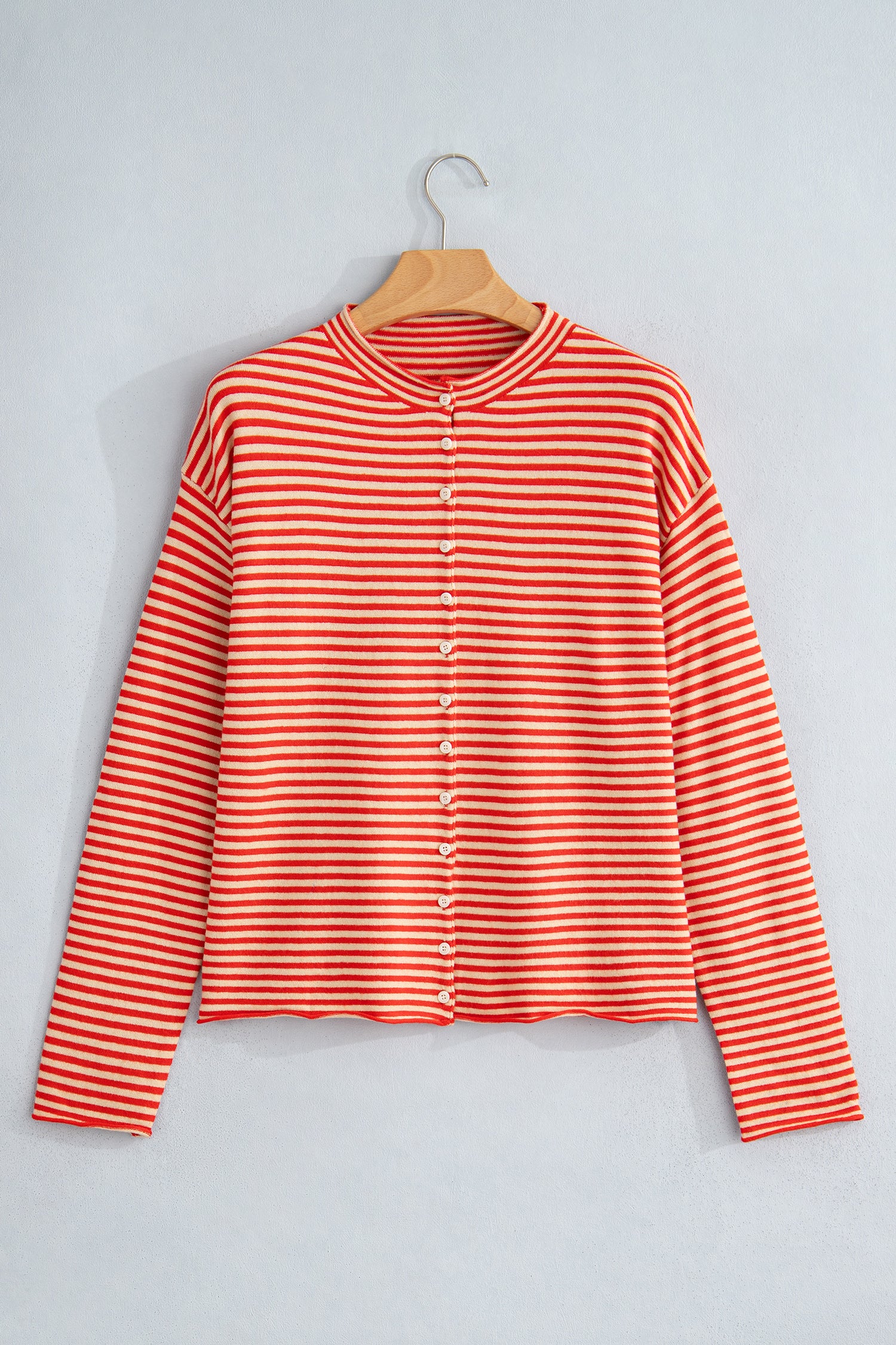 Red Stripe Striped Button Collar Long Sleeve Knit Cardigan