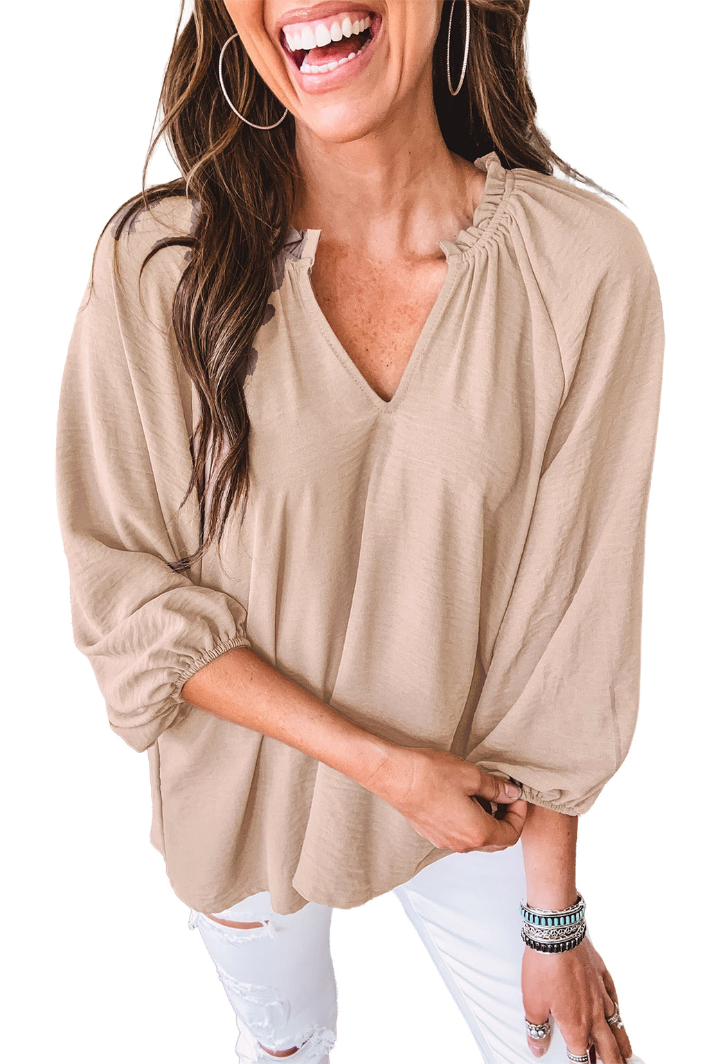 Parchment V Neck Gathered Cuff Three Quarter Sleeve Blouse