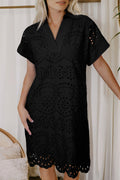 Black Solid Color Eyelet Embroidered T Shirt Mini Dress