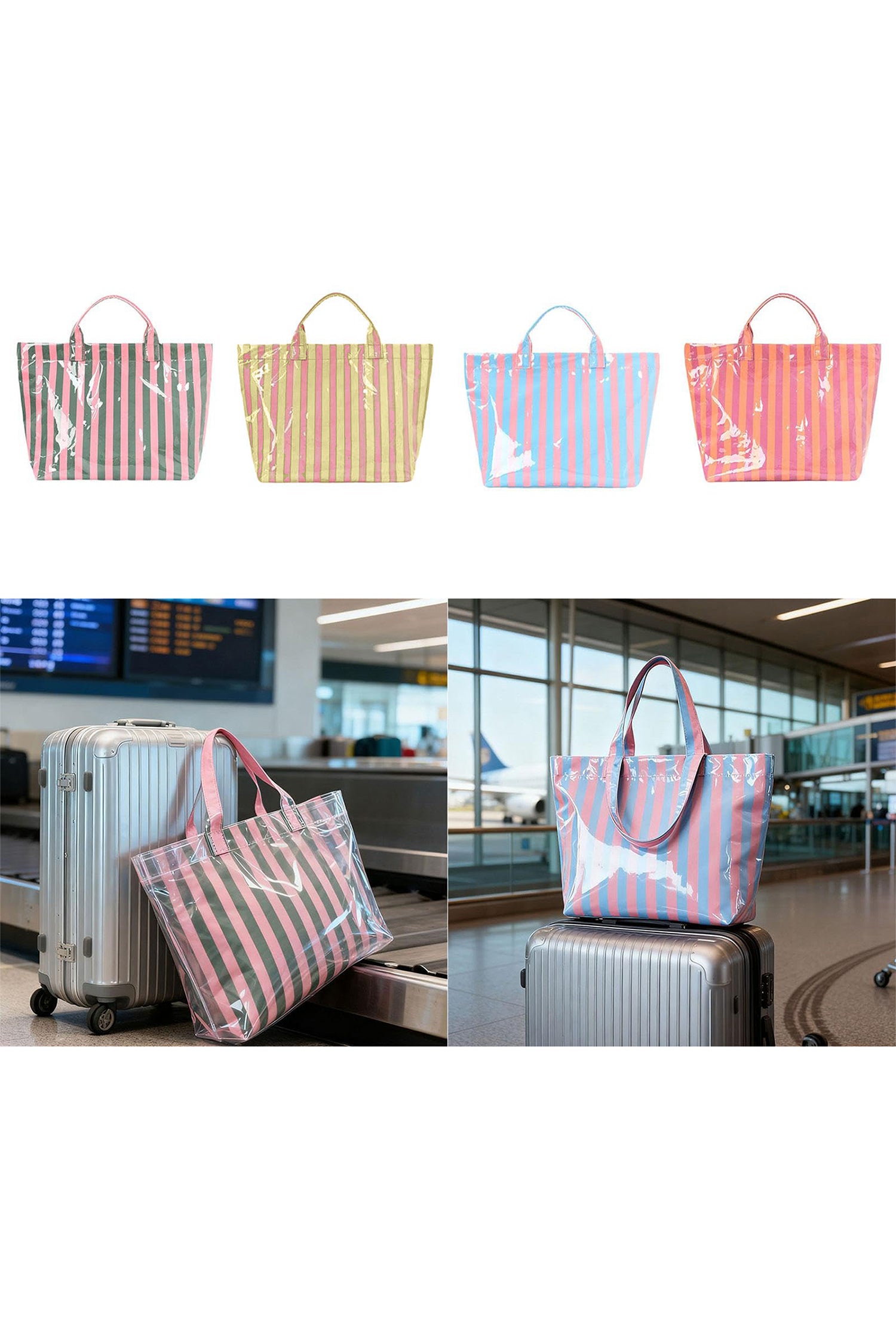 Pink Glossy Striped Vinyl Large Tote Bag