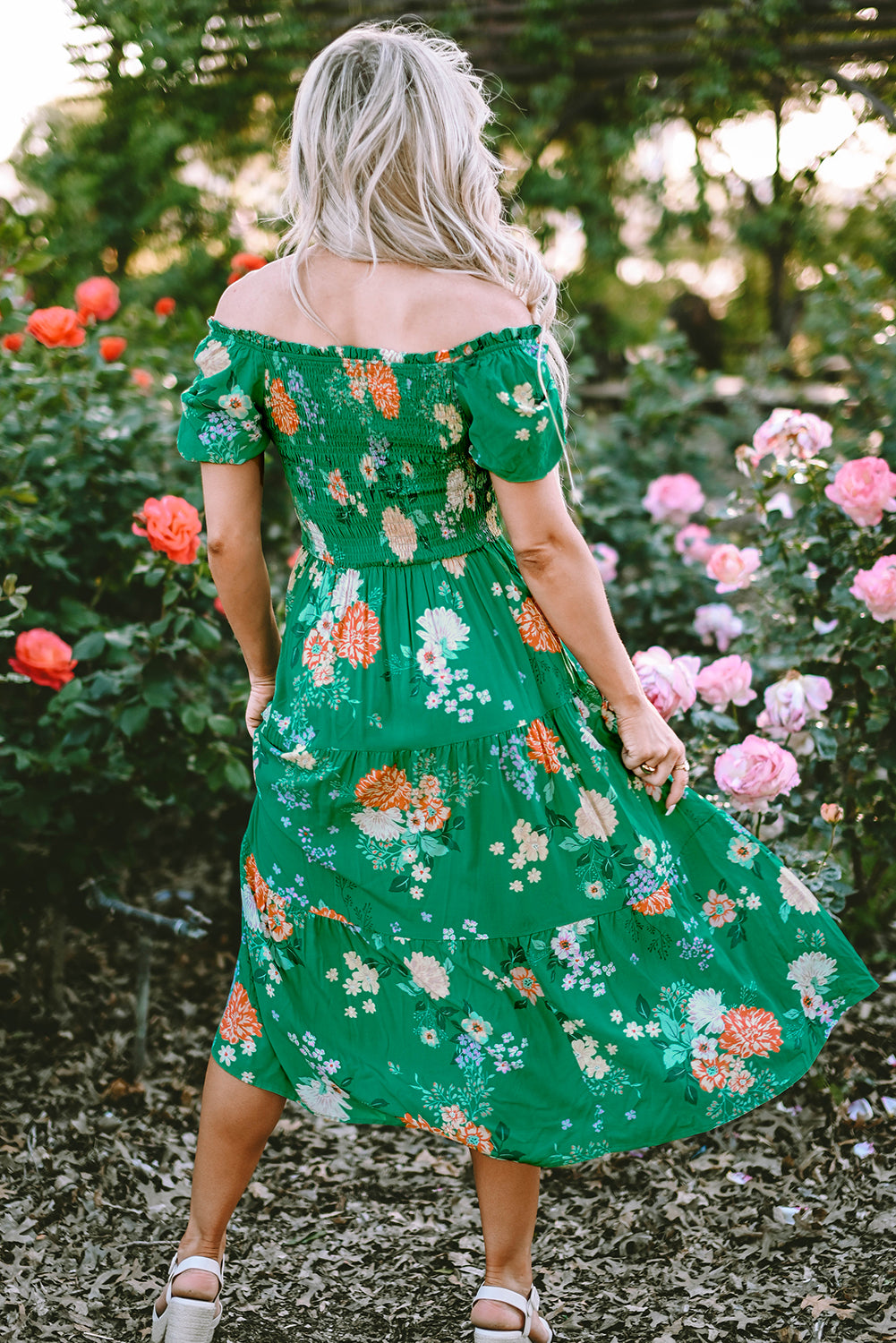 Floral Print Bubble Sleeve Midi Dress