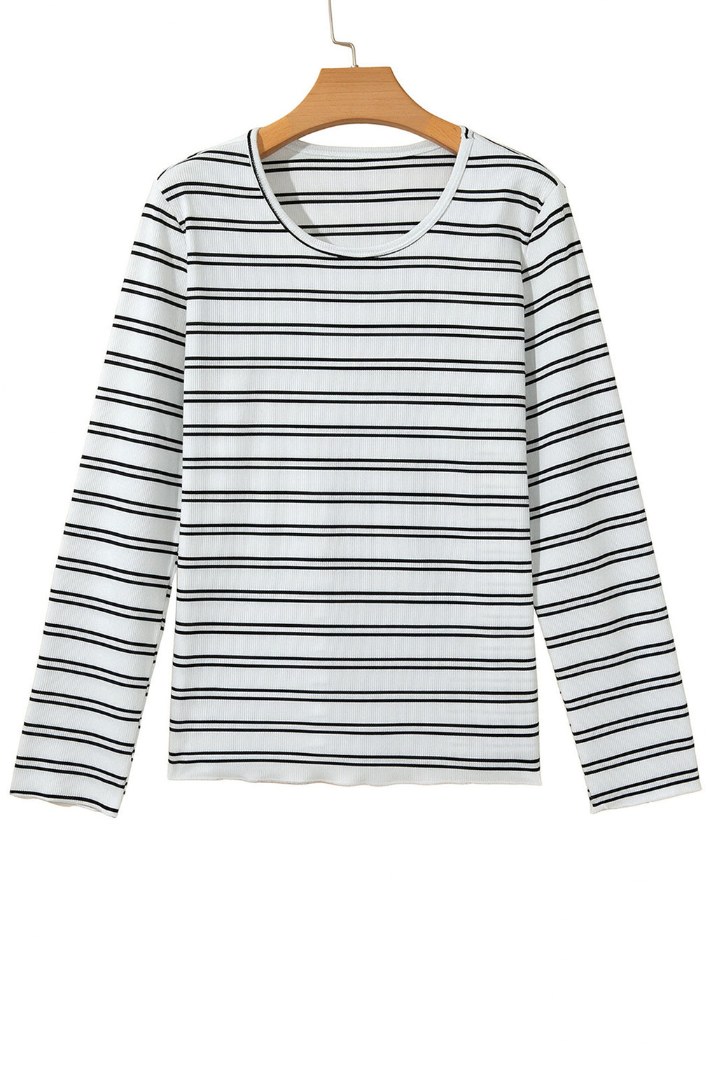 Beige Stripe Ribbed Knit Round Neck Long Sleeve Top