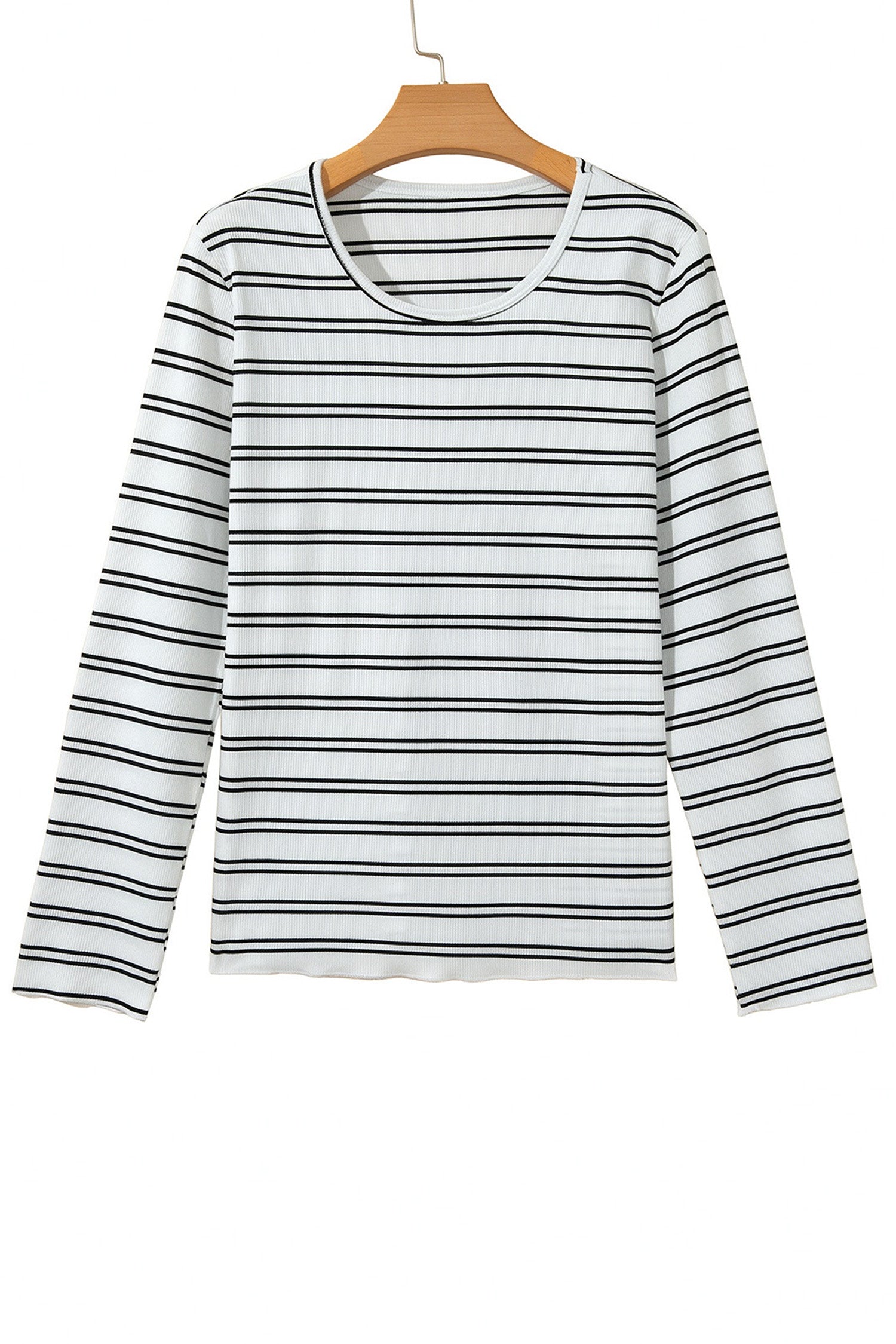 Beige Stripe Ribbed Knit Round Neck Long Sleeve Top