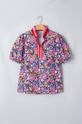 Purple Ditsy Floral Print Plaid Colorblock Trim V Neck Blouse