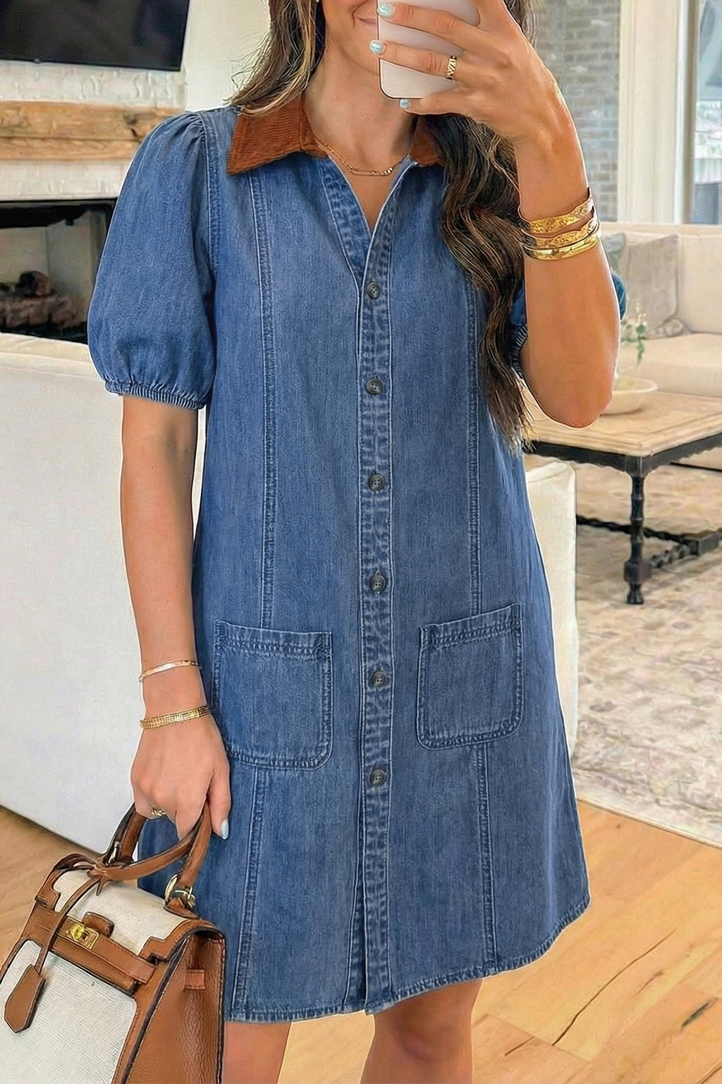 Denim Short Puff Sleeve Mini Dress