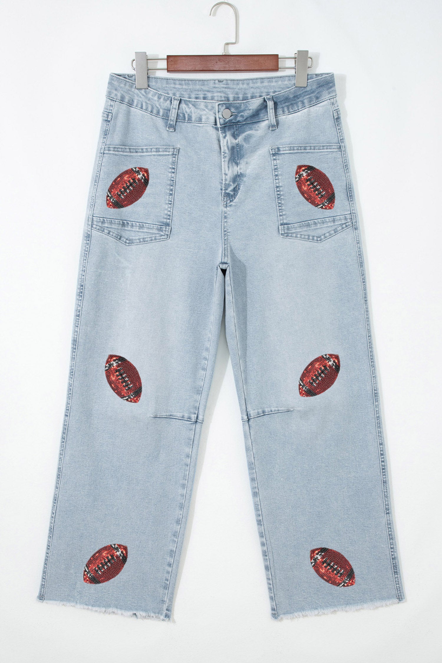 Beau Blue Sequin Rugby Pattern Raw Hem Casual Jeans