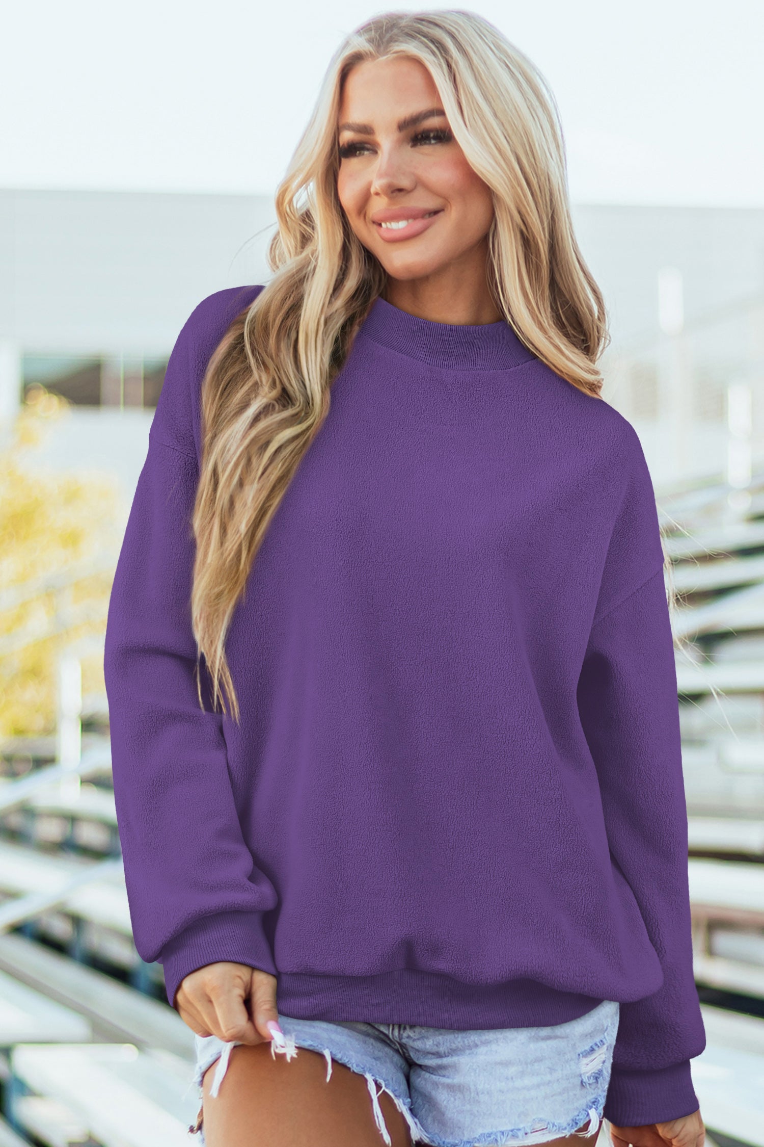 Red Dahlia Oversize Drop Shoulder Reversible Mock Neck Sweatshirt