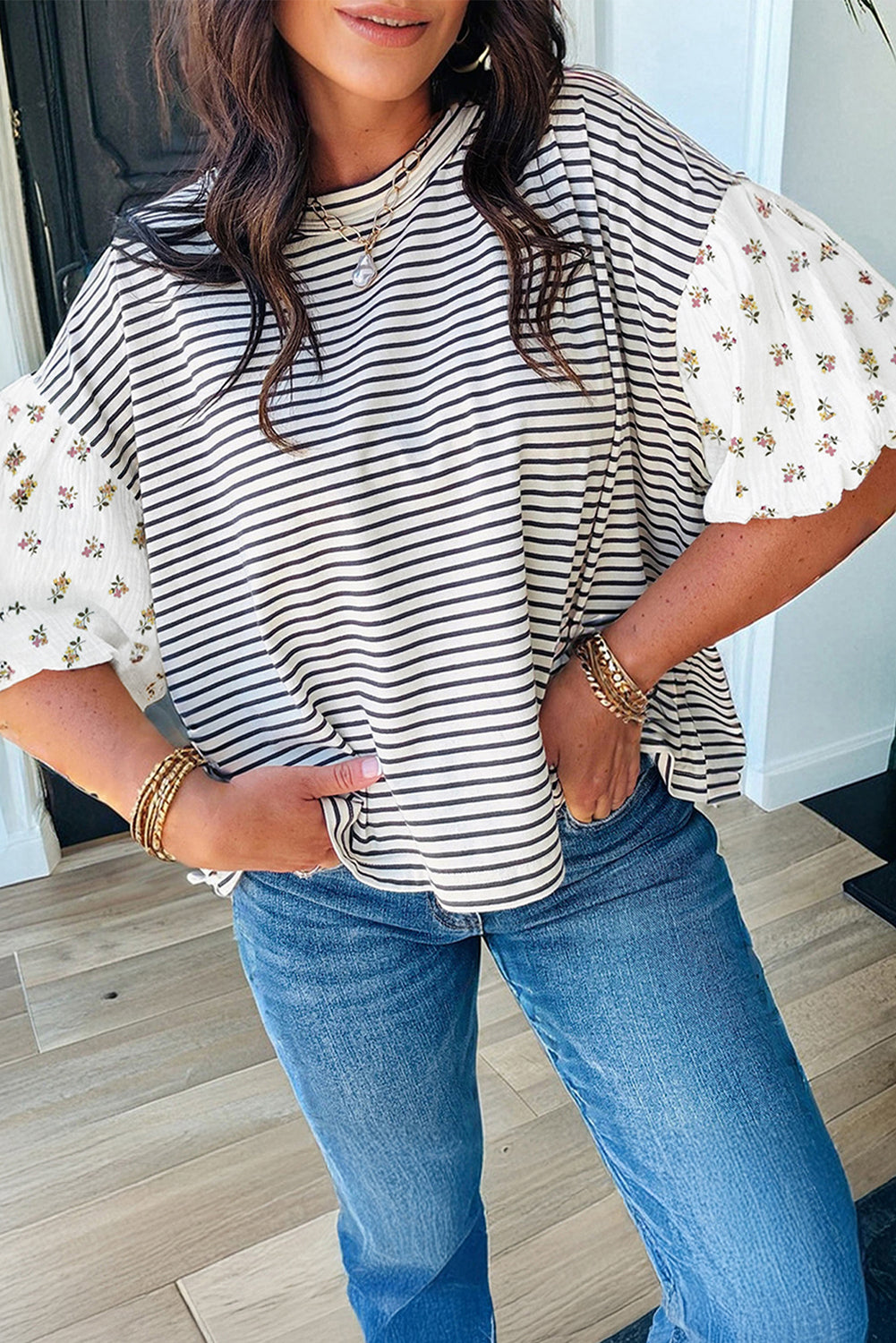 Red Stripe Floral Puff Sleeve Patchwork Round Neck Loose Top