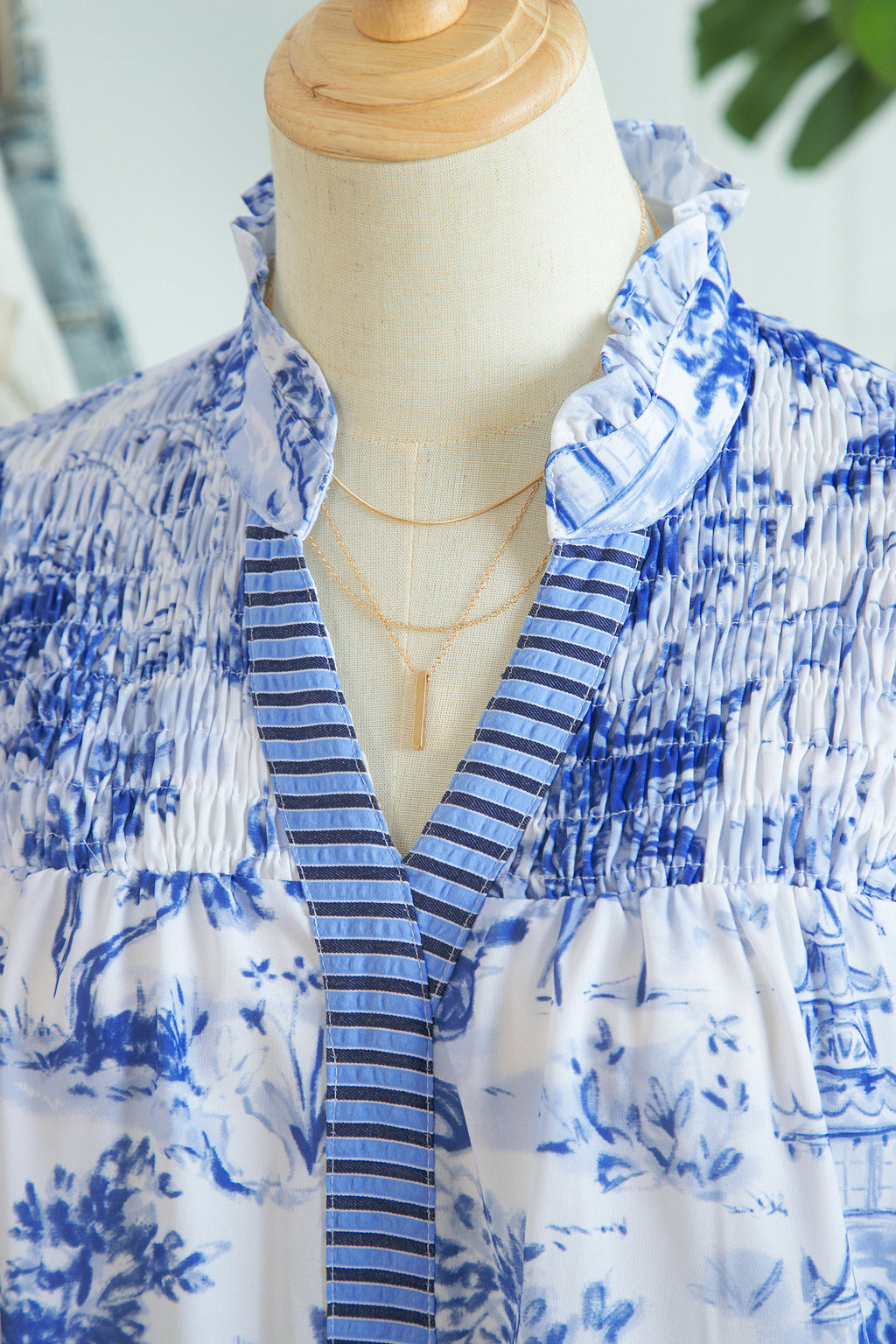Blue Wild Animal Paradise Striped Detail V Neck Blouse