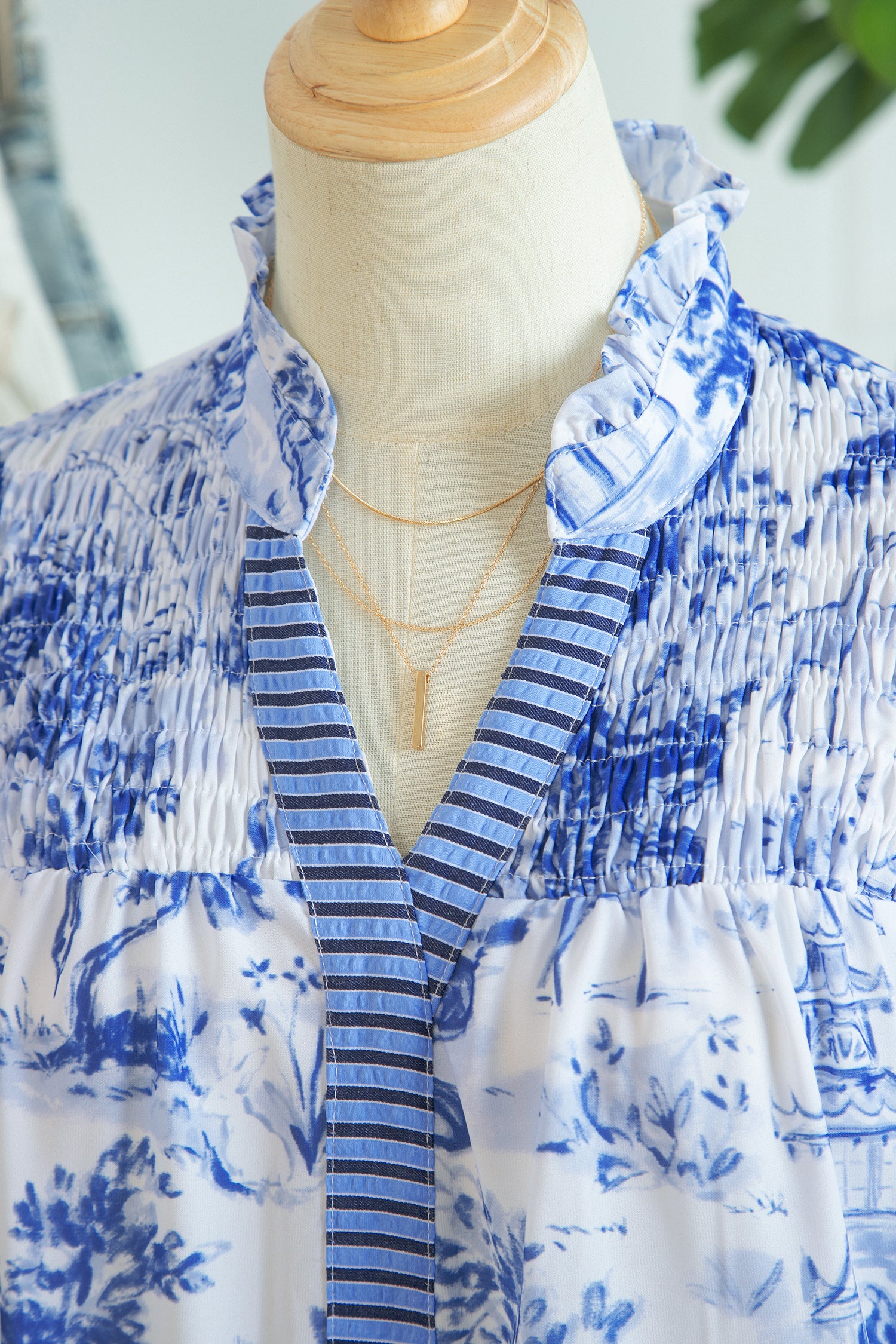 Blue Wild Animal Paradise Striped Detail V Neck Blouse