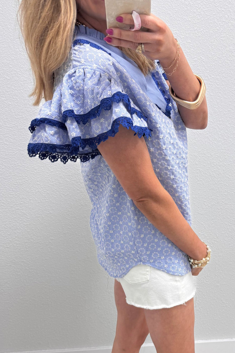 Beau Blue Flower Flutter Sleeve Blouse