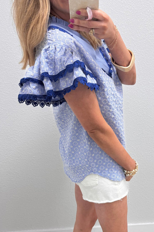 Beau Blue Flower Flutter Sleeve Blouse