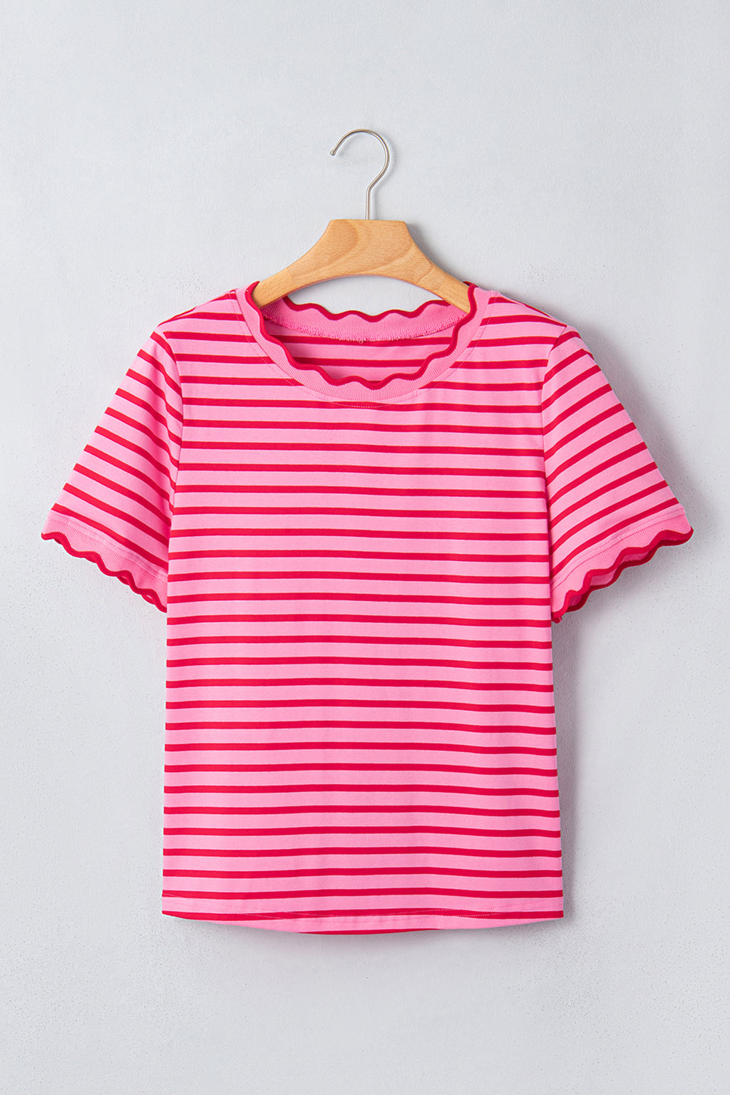 Pink Stripe Scalloped Trim Round Neck T Shirt