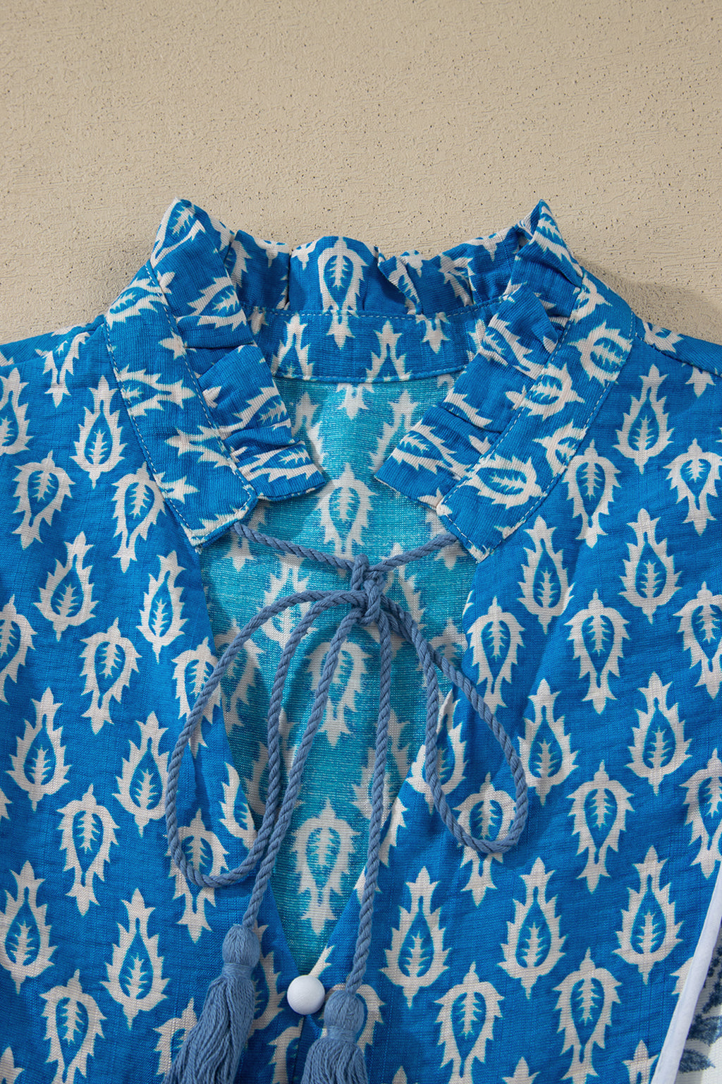 Sky Blue Boho Abstract Print Contrast Trim V Neck Tassel Tie Dress