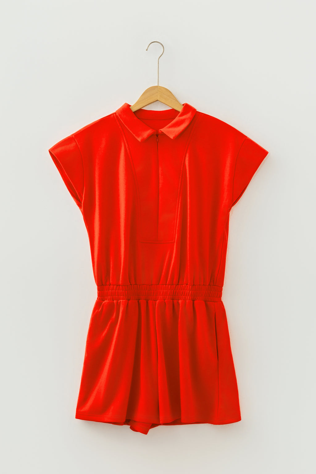 Tomato Red Half Zip Polo Tee Elastic Waist Romper