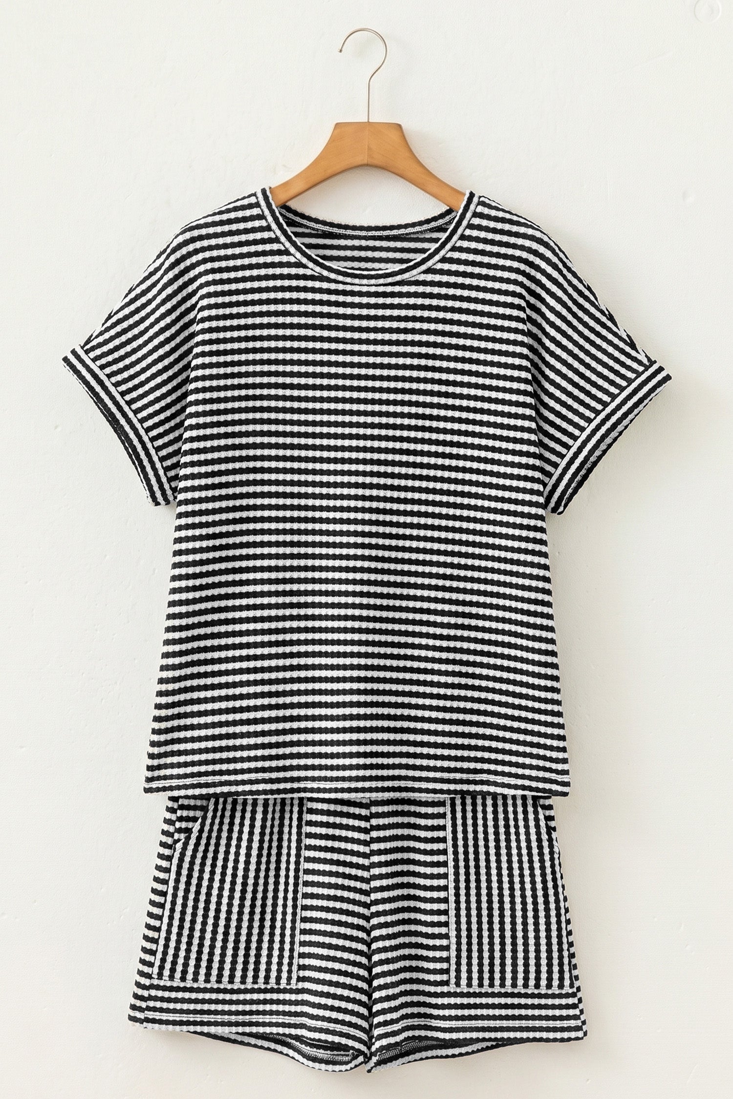 Purple Stripe Breathable Textured Knit Short 2pcs Set