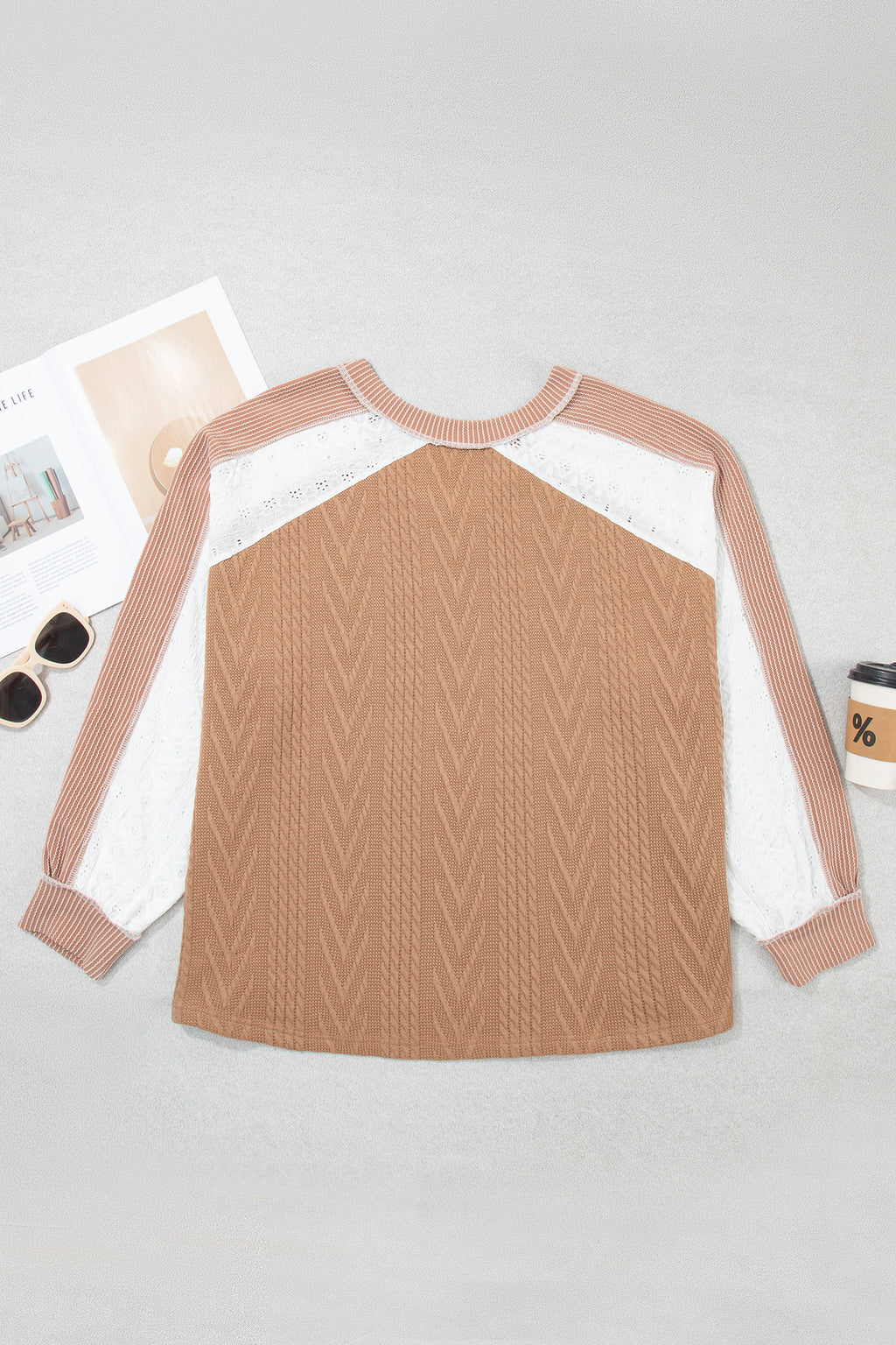Coffee V Neck Lace Sleeve Patchwork Plus Size Blouse