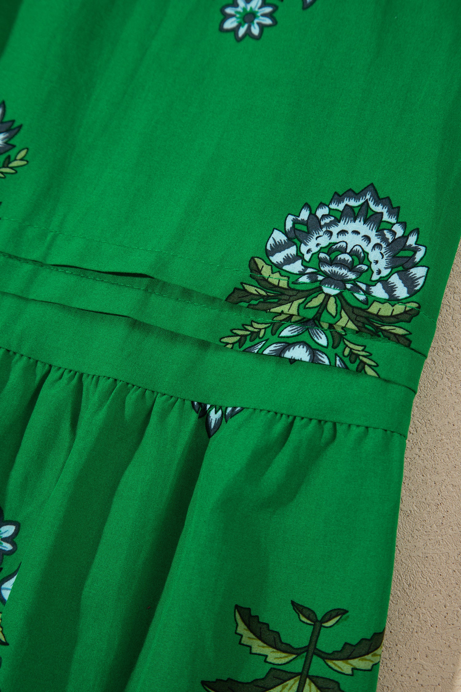 Green Floral Print Split Neck Shirred High Waist Ruffle Hem Maxi Dress