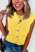 White Solid Color Sleeveless Knit Button Pocketed Sweater