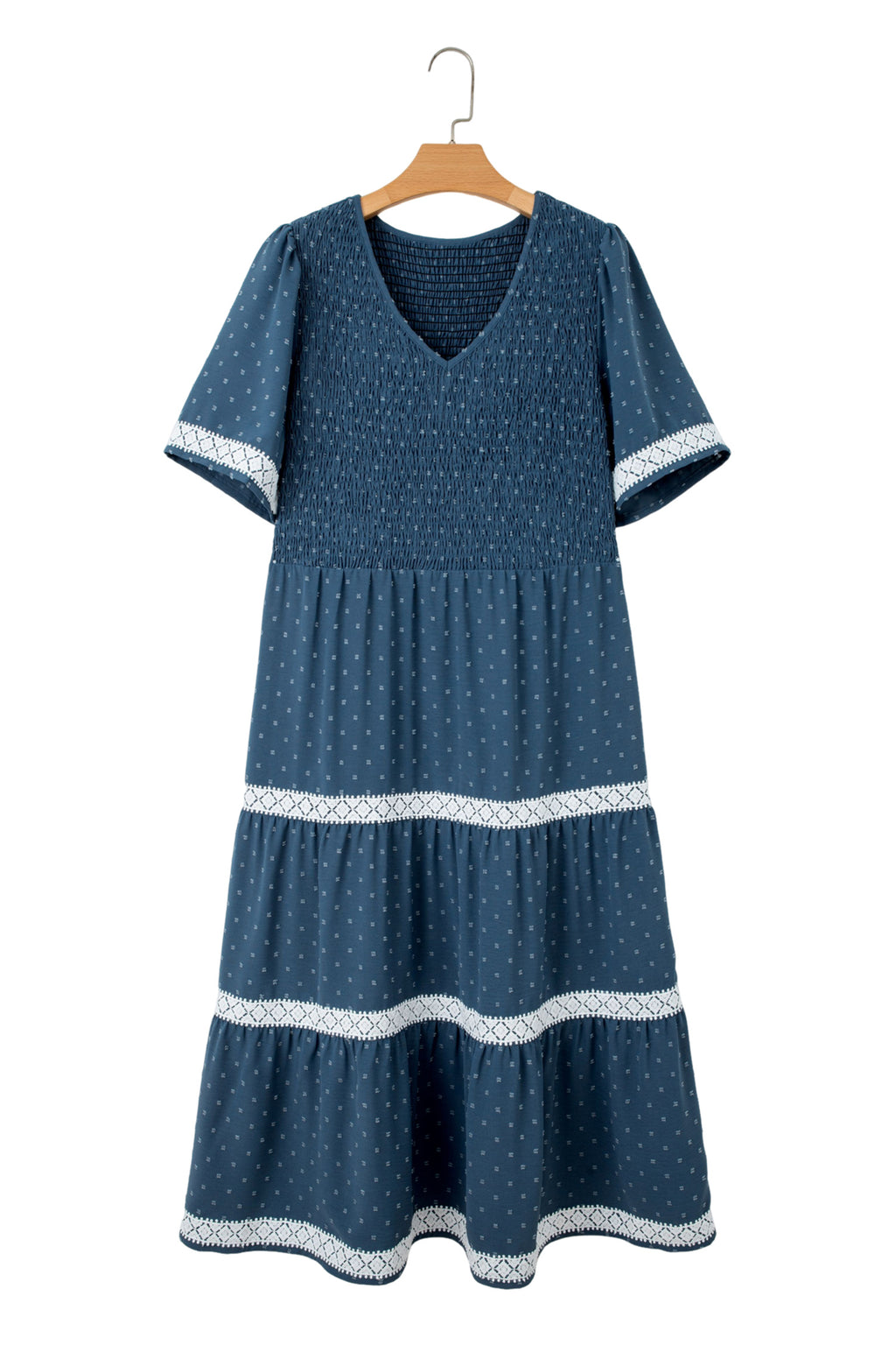 Dusk Blue Plus Size V Neck Swiss Dot Lace Patchwork Detail Flared Midi Dress